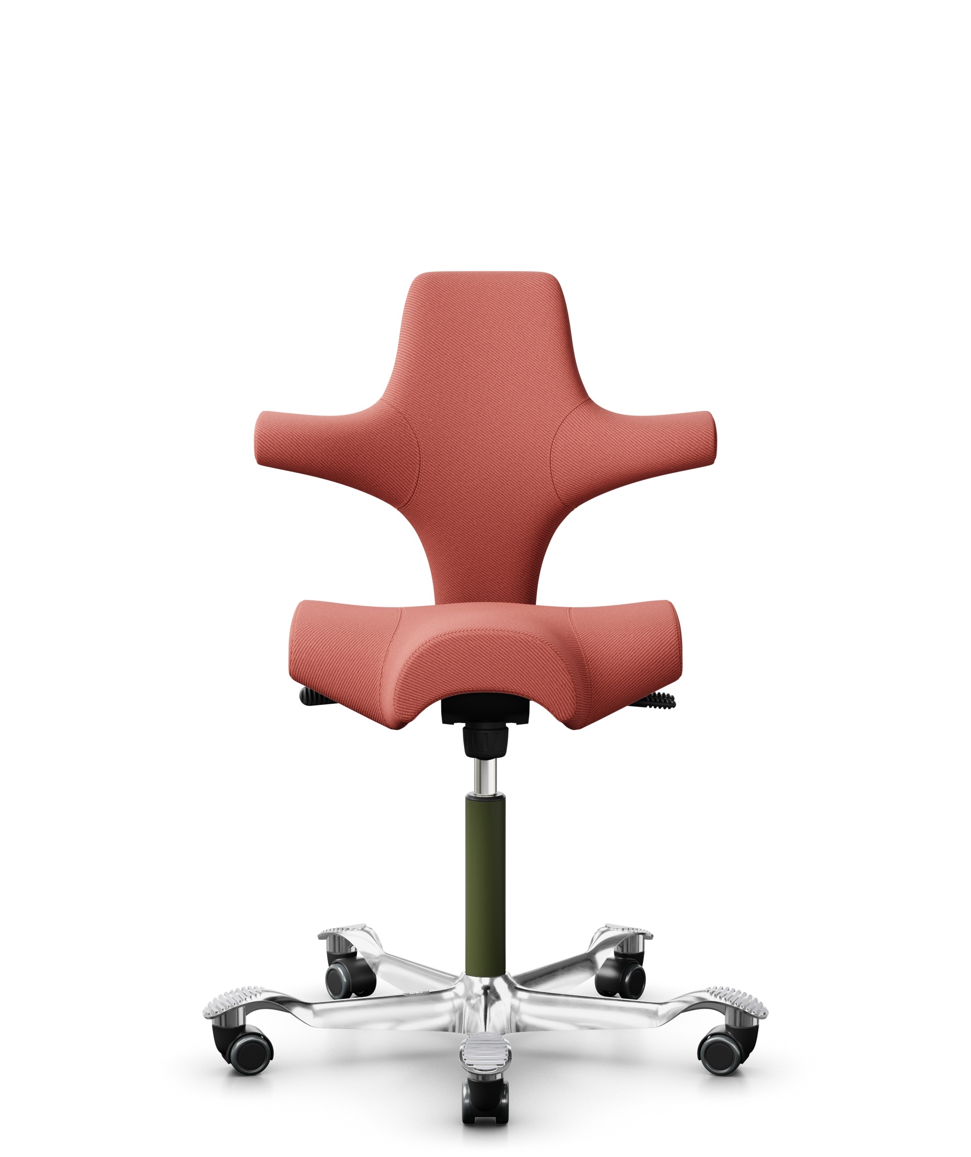 HÅG Capisco 8106 - Oceanic (Camira) - Gerecycled Polyester - OCI012 - Orange-red - Framekleur - Moss Grey - Gasveer - 200 mm (Zithoogte 46-64cm) - Vloercontact - Harde wielen t.b.v. zachte vloeren - Voetenring - Nee, geen voetenring - Voetster - Ja, vo... - 1