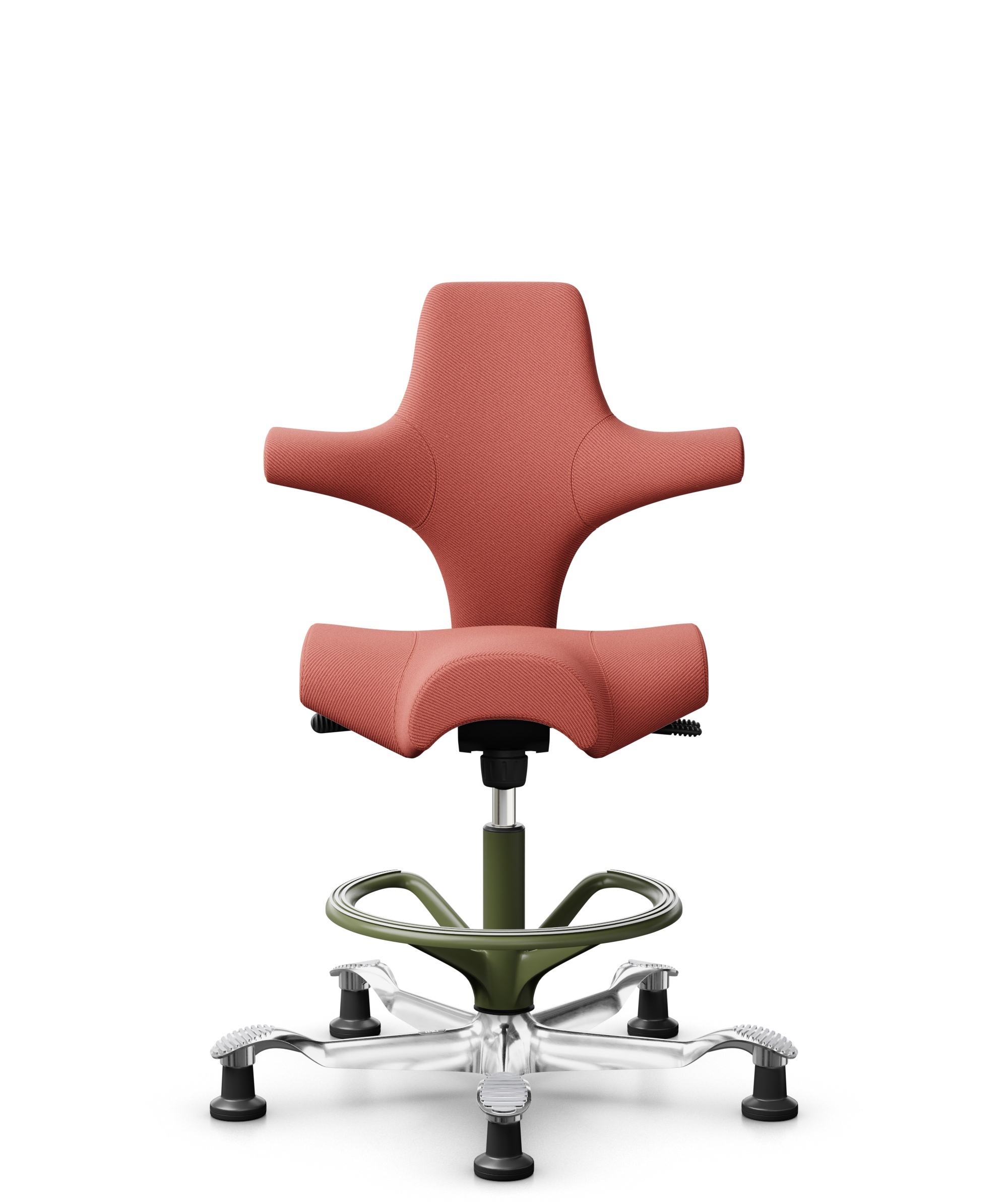 HÅG Capisco 8106 - Oceanic (Camira) - Gerecycled Polyester - OCI012 - Orange-red - Framekleur - Moss Grey - Gasveer - 200 mm (Zithoogte 46-64cm) - Vloercontact - Glijdoppen - Voetenring - Ja, in framekleur - Voetster - Ja, voetster in gepolijst aluminium - 1