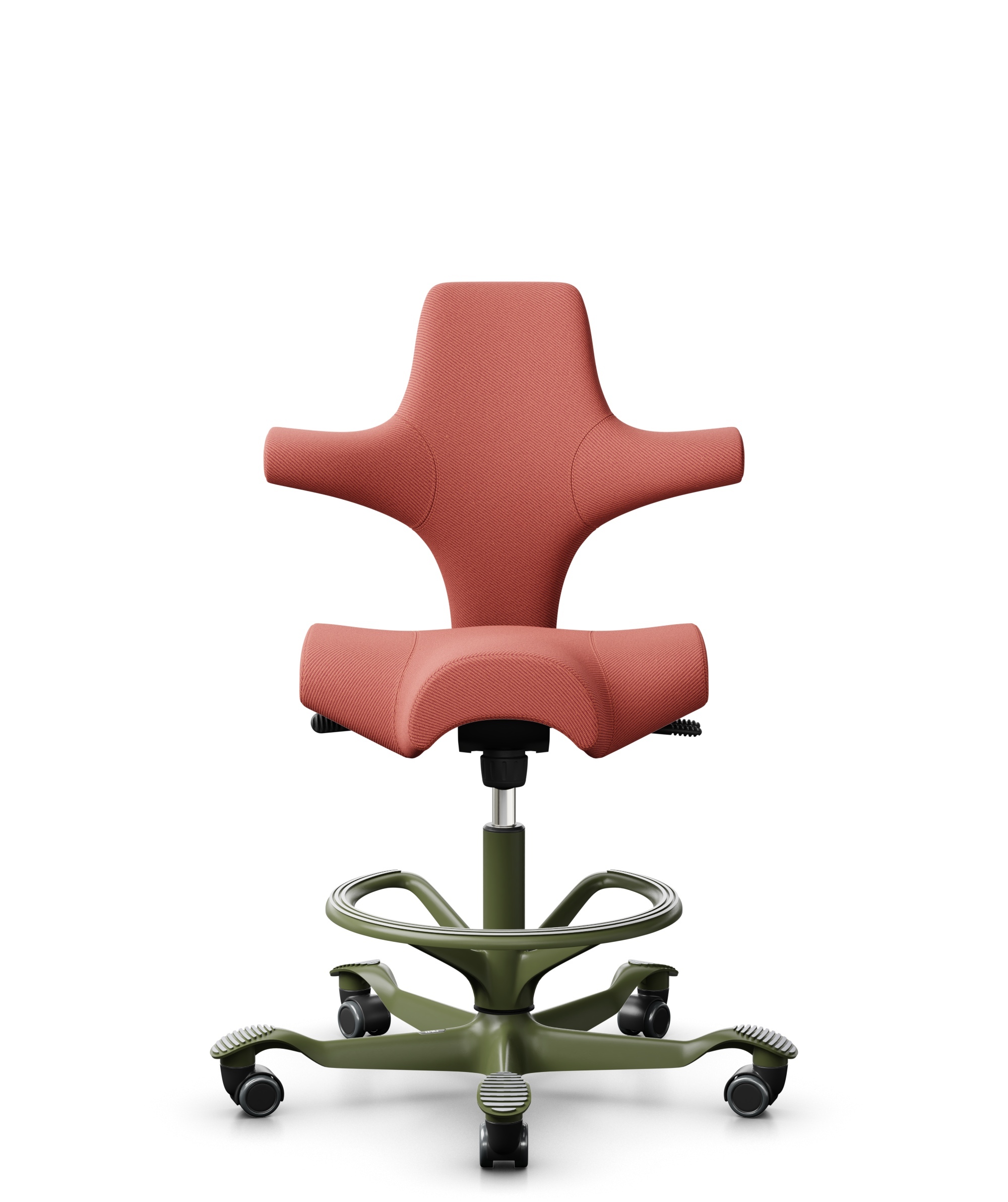 HÅG Capisco 8106 - Oceanic (Camira) - Gerecycled Polyester - OCI012 - Orange-red - Framekleur - Moss Grey - Gasveer - 265 mm (Zithoogte 53-79cm) - Vloercontact - Zachte wielen t.b.v. harde vloeren - Voetenring - Ja, in framekleur - Voetster - Nee, voet... - 1