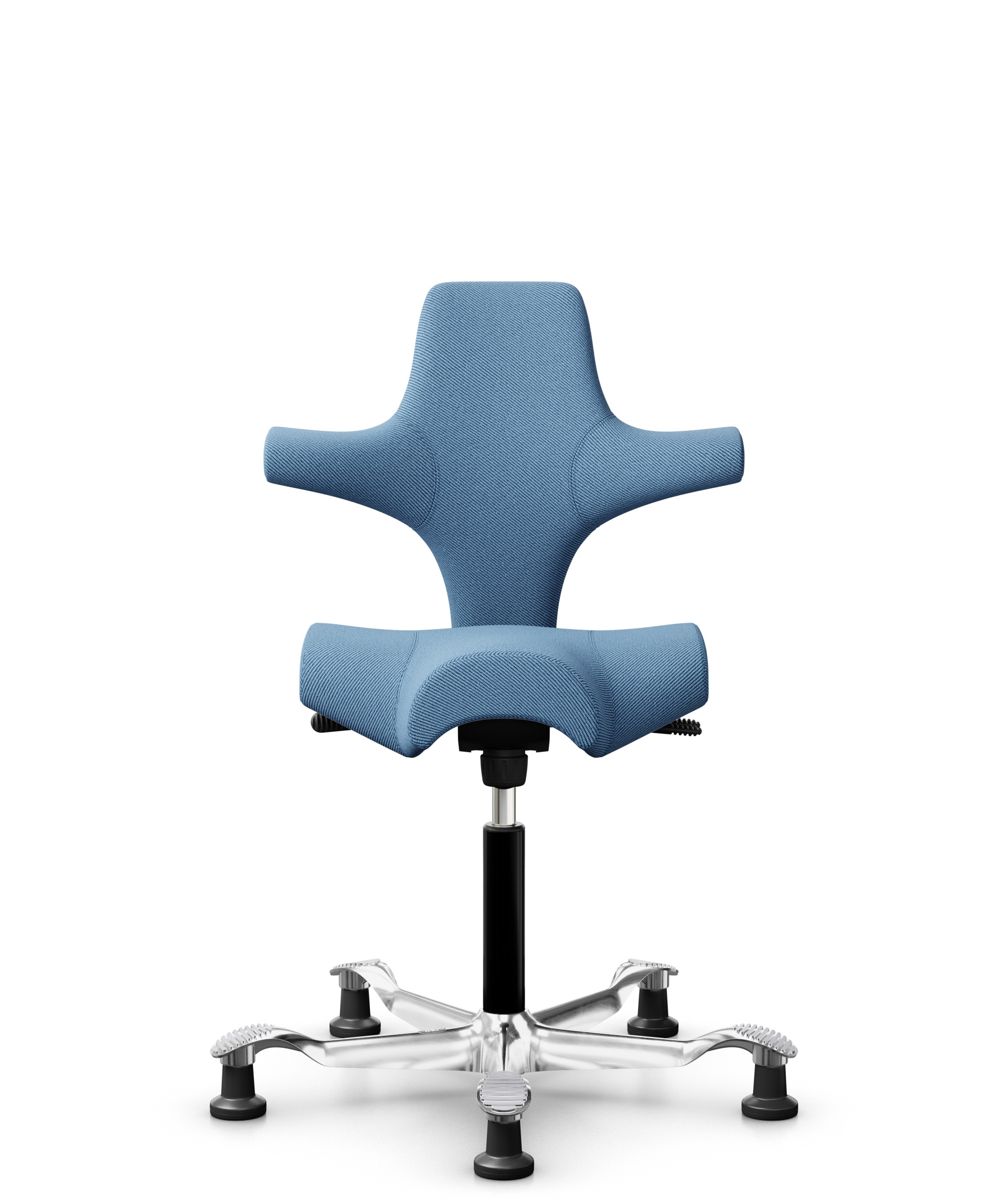 HÅG Capisco 8106 - Oceanic (Camira) - Gerecycled Polyester - OCI011 - Light blue - Framekleur - Zwart - Gasveer - 150 mm (Zithoogte 40-55cm) - Vloercontact - Glijdoppen - Voetenring - Nee, geen voetenring - Voetster - Ja, voetster in gepolijst aluminium - 1