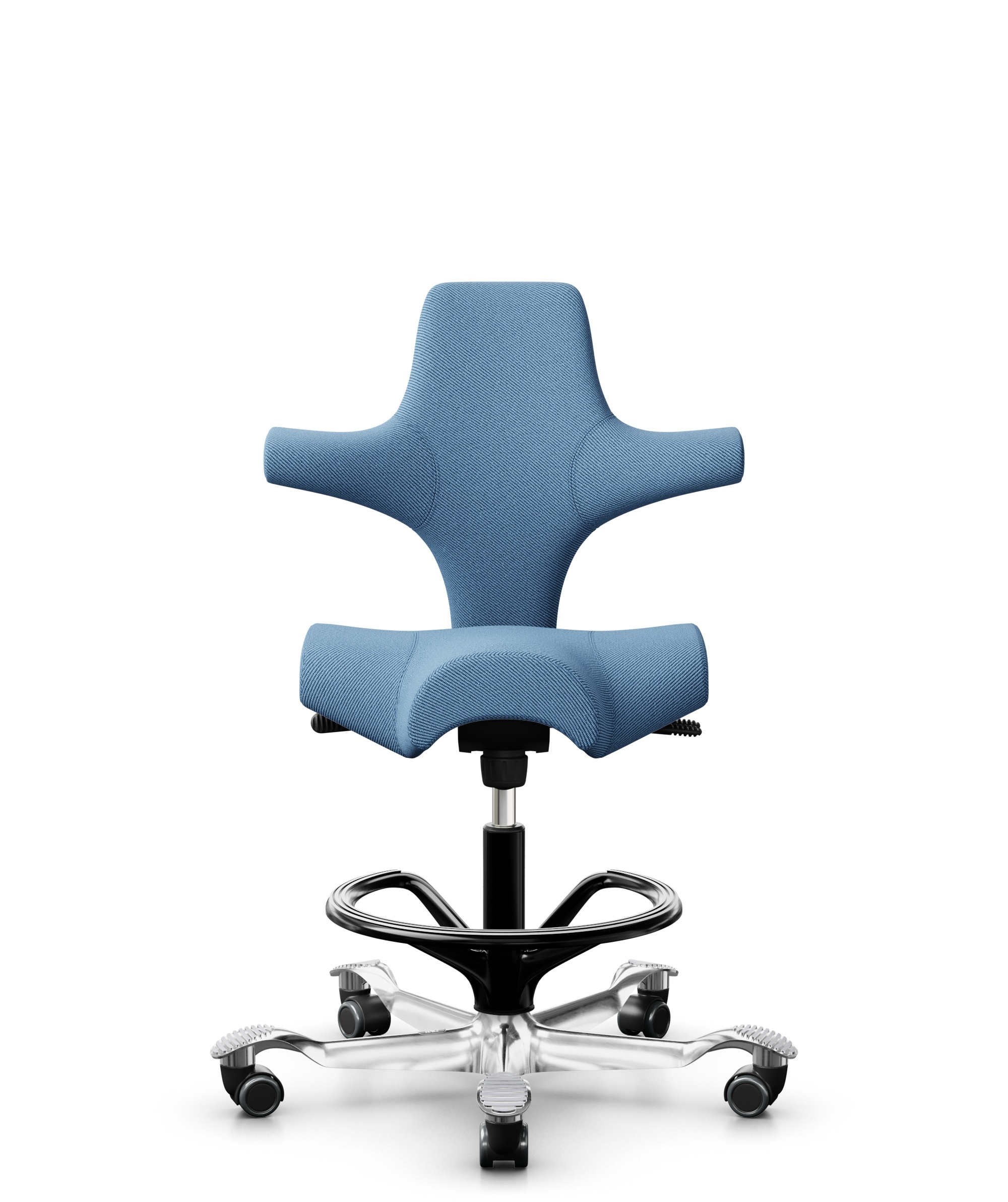HÅG Capisco 8106 - Oceanic (Camira) - Gerecycled Polyester - OCI011 - Light blue - Framekleur - Zwart - Gasveer - 265 mm (Zithoogte 53-79cm) - Vloercontact - Harde wielen t.b.v. zachte vloeren - Voetenring - Ja, in framekleur - Voetster - Ja, voetster ... - 1