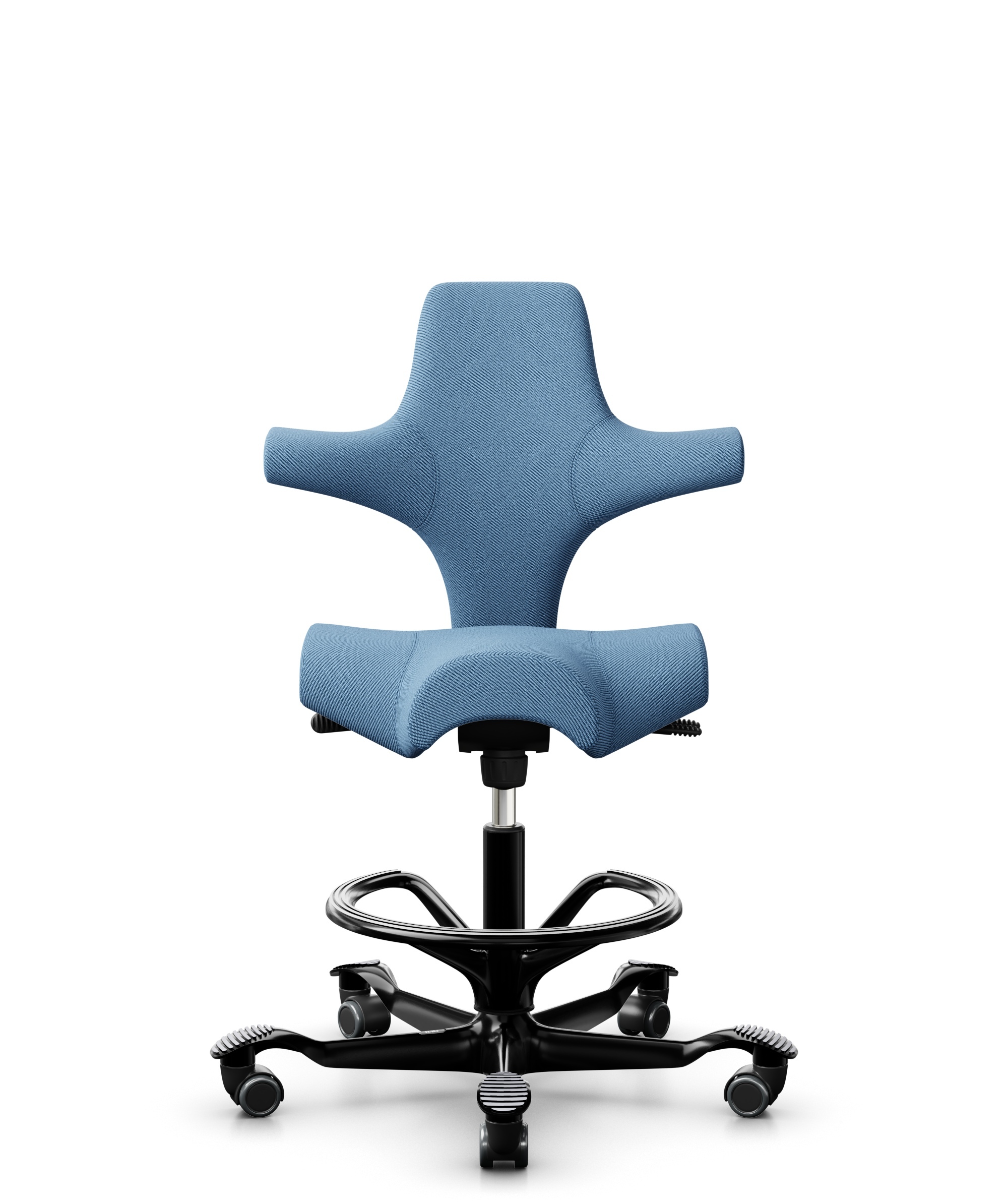 HÅG Capisco 8106 - Oceanic (Camira) - Gerecycled Polyester - OCI011 - Light blue - Framekleur - Zwart - Gasveer - 265 mm (Zithoogte 53-79cm) - Vloercontact - Zachte wielen t.b.v. harde vloeren - Voetenring - Ja, in framekleur - Voetster - Nee, voetster... - 1