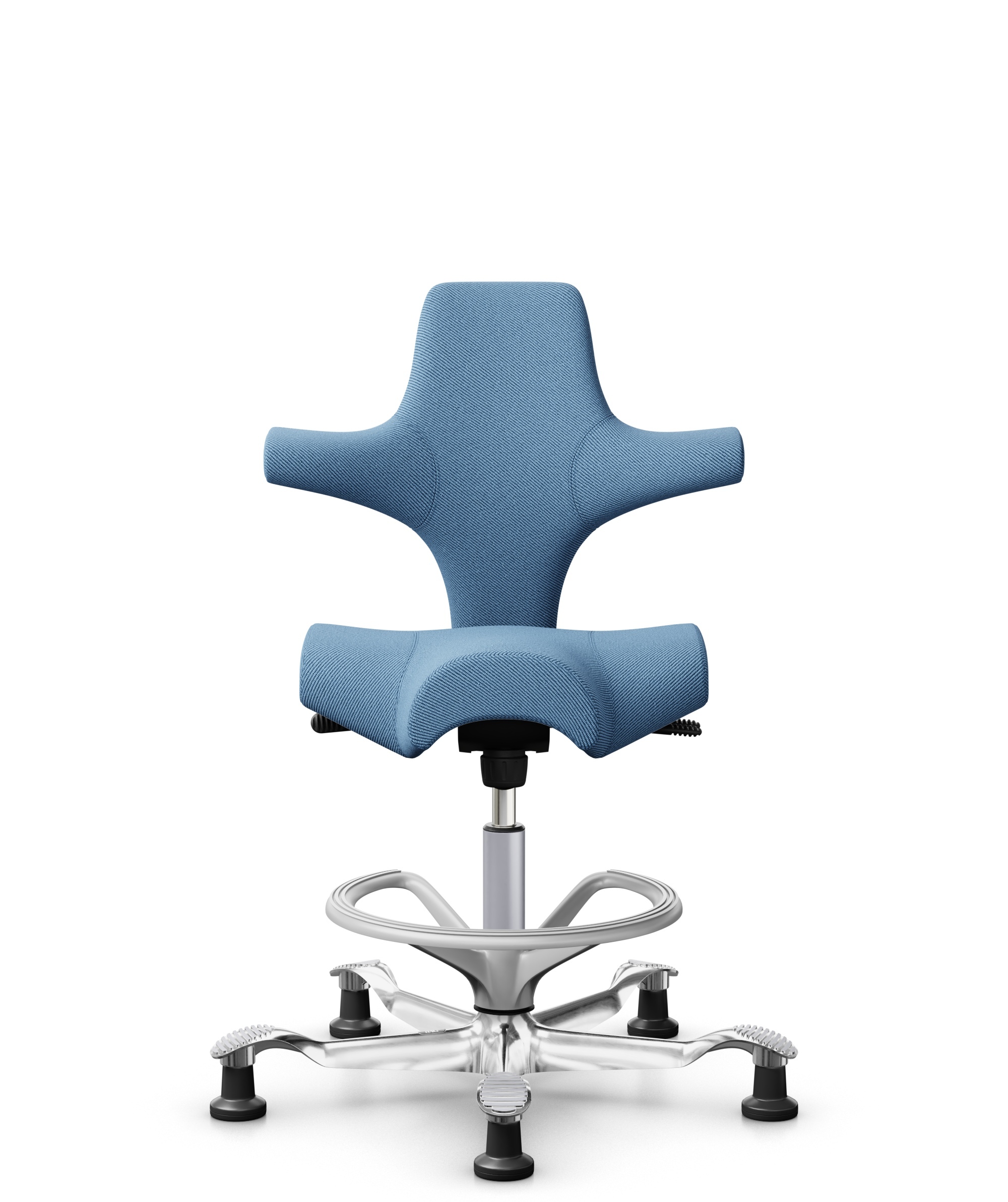 HÅG Capisco 8106 - Oceanic (Camira) - Gerecycled Polyester - OCI011 - Light blue - Framekleur - Zilver - Gasveer - 265 mm (Zithoogte 53-79cm) - Vloercontact - Glijdoppen - Voetenring - Ja, in framekleur - Voetster - Ja, voetster in gepolijst aluminium - 1