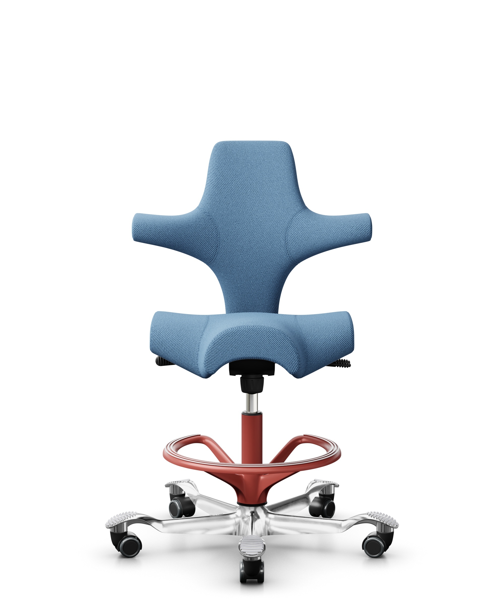 HÅG Capisco 8106 - Oceanic (Camira) - Gerecycled Polyester - OCI011 - Light blue - Framekleur - Blush Rose - Gasveer - 265 mm (Zithoogte 53-79cm) - Vloercontact - Harde wielen t.b.v. zachte vloeren - Voetenring - Ja, in framekleur - Voetster - Ja, voet... - 1