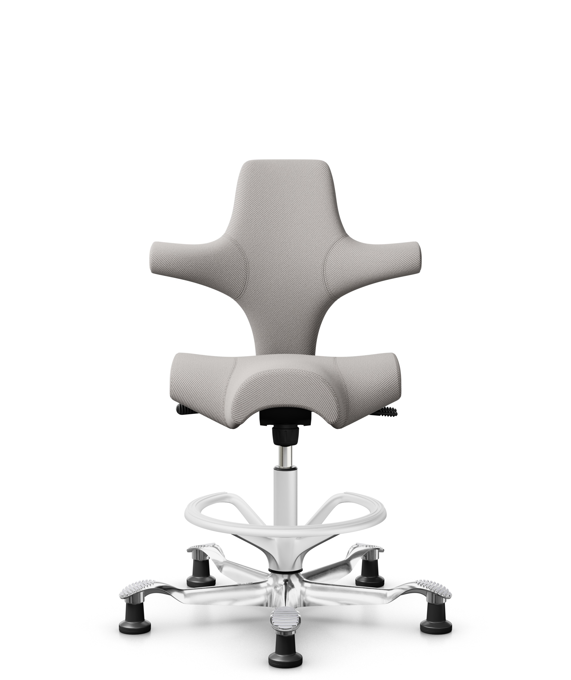 HÅG Capisco 8106 - Oceanic (Camira) - Gerecycled Polyester - OCI014 - Light beige - Framekleur - Wit - Gasveer - 265 mm (Zithoogte 53-79cm) - Vloercontact - Glijdoppen - Voetenring - Ja, in framekleur - Voetster - Ja, voetster in gepolijst aluminium - 1