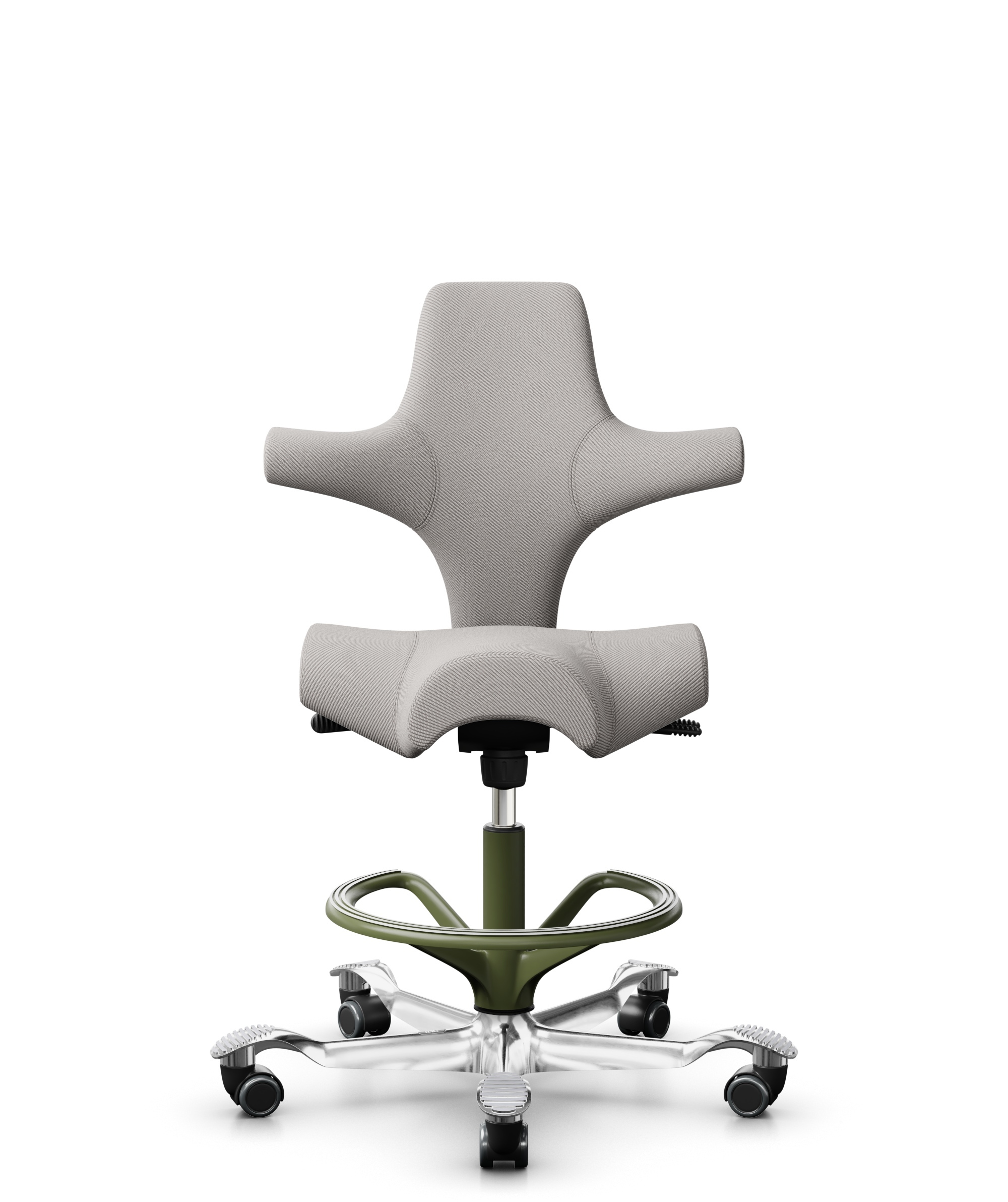 HÅG Capisco 8106 - Oceanic (Camira) - Gerecycled Polyester - OCI014 - Light beige - Framekleur - Moss Grey - Gasveer - 265 mm (Zithoogte 53-79cm) - Vloercontact - Harde wielen t.b.v. zachte vloeren - Voetenring - Ja, in framekleur - Voetster - Ja, voet... - 1