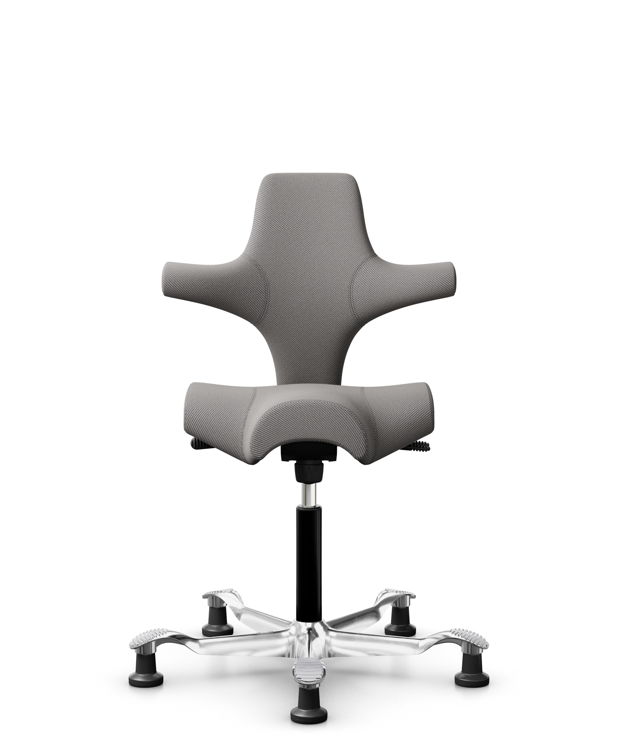 HÅG Capisco 8106 - Oceanic (Camira) - Gerecycled Polyester - OCI008 - Warm grey - Framekleur - Zwart - Gasveer - 150 mm (Zithoogte 40-55cm) - Vloercontact - Glijdoppen - Voetenring - Nee, geen voetenring - Voetster - Ja, voetster in gepolijst aluminium - 1