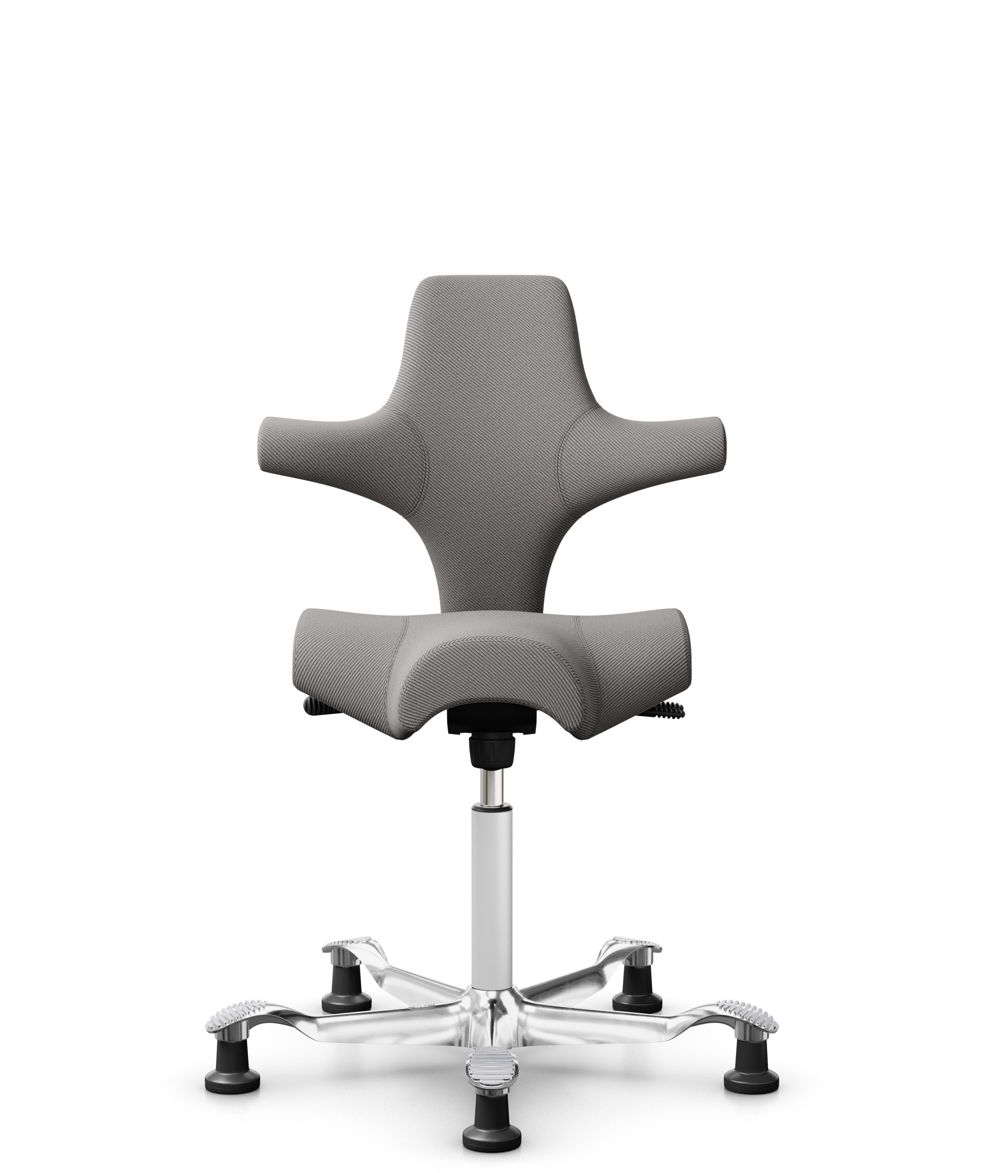 HÅG Capisco 8106 - Oceanic (Camira) - Gerecycled Polyester - OCI008 - Warm grey - Framekleur - Wit - Gasveer - 150 mm (Zithoogte 40-55cm) - Vloercontact - Glijdoppen - Voetenring - Nee, geen voetenring - Voetster - Ja, voetster in gepolijst aluminium - 1
