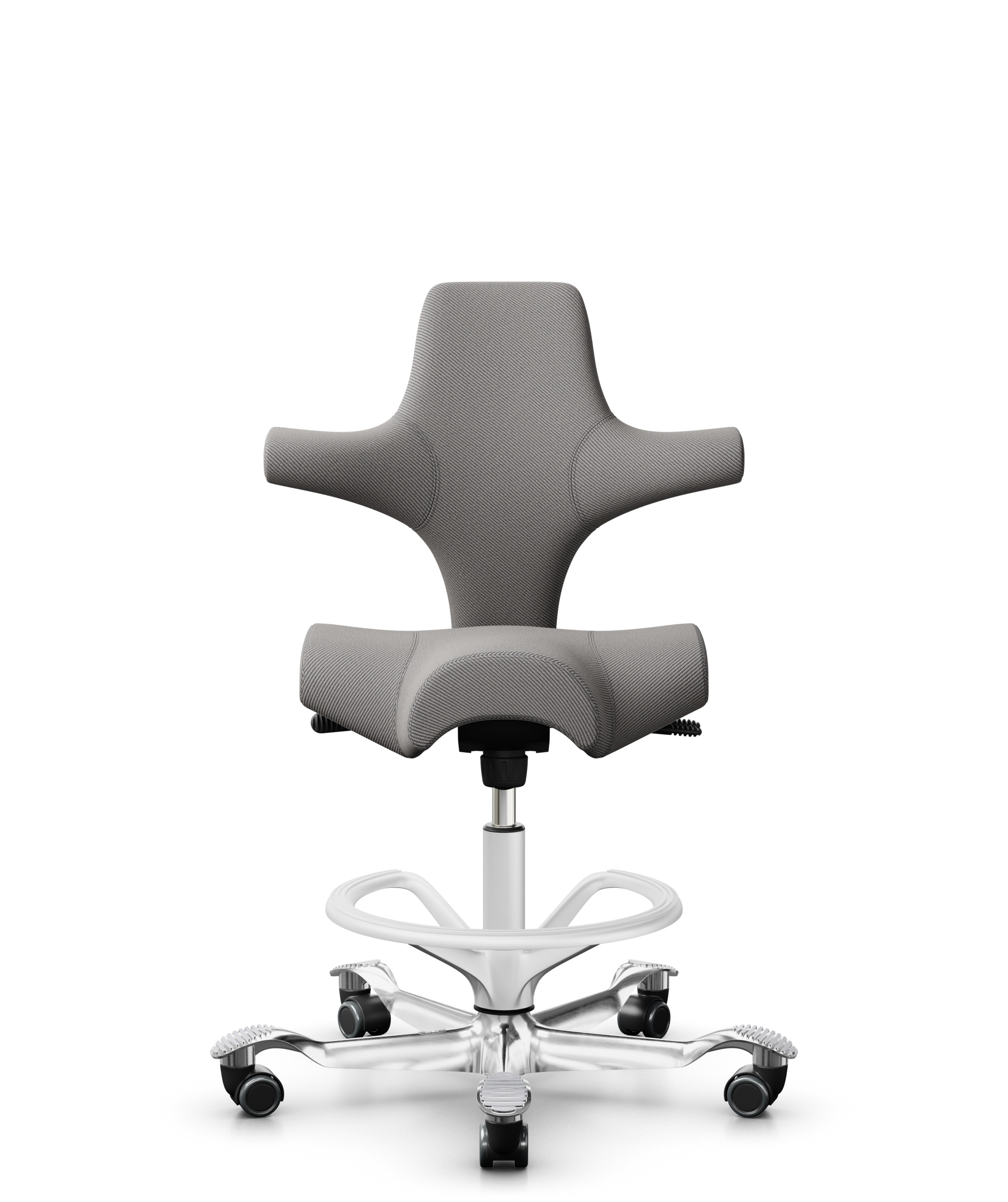 HÅG Capisco 8106 - Oceanic (Camira) - Gerecycled Polyester - OCI008 - Warm grey - Framekleur - Wit - Gasveer - 265 mm (Zithoogte 53-79cm) - Vloercontact - Harde wielen t.b.v. zachte vloeren - Voetenring - Ja, in framekleur - Voetster - Ja, voetster in ... - 1