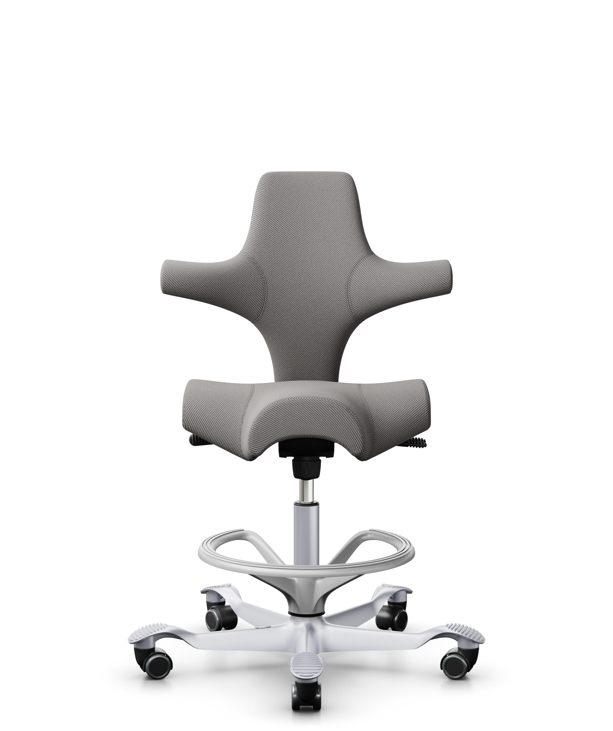 HÅG Capisco 8106 - Oceanic (Camira) - Gerecycled Polyester - OCI008 - Warm grey - Framekleur - Zilver - Gasveer - 265 mm (Zithoogte 53-79cm) - Vloercontact - Harde wielen t.b.v. zachte vloeren - Voetenring - Ja, in framekleur - Voetster - Nee, voetster... - 1