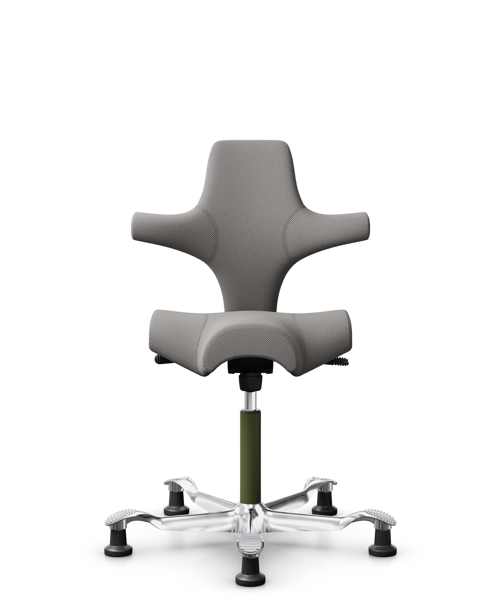HÅG Capisco 8106 - Oceanic (Camira) - Gerecycled Polyester - OCI008 - Warm grey - Framekleur - Moss Grey - Gasveer - 150 mm (Zithoogte 40-55cm) - Vloercontact - Glijdoppen - Voetenring - Nee, geen voetenring - Voetster - Ja, voetster in gepolijst alumi... - 1