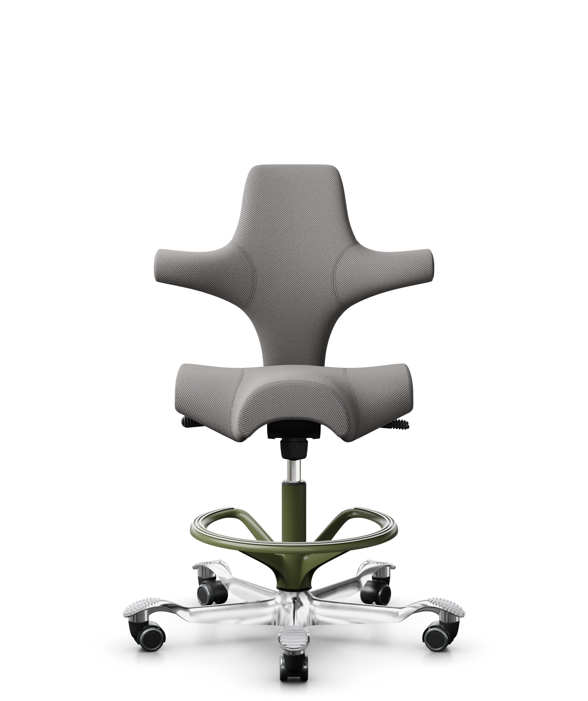 HÅG Capisco 8106 - Oceanic (Camira) - Gerecycled Polyester - OCI008 - Warm grey - Framekleur - Moss Grey - Gasveer - 200 mm (Zithoogte 46-64cm) - Vloercontact - Harde wielen t.b.v. zachte vloeren - Voetenring - Ja, in framekleur - Voetster - Ja, voetst... - 1