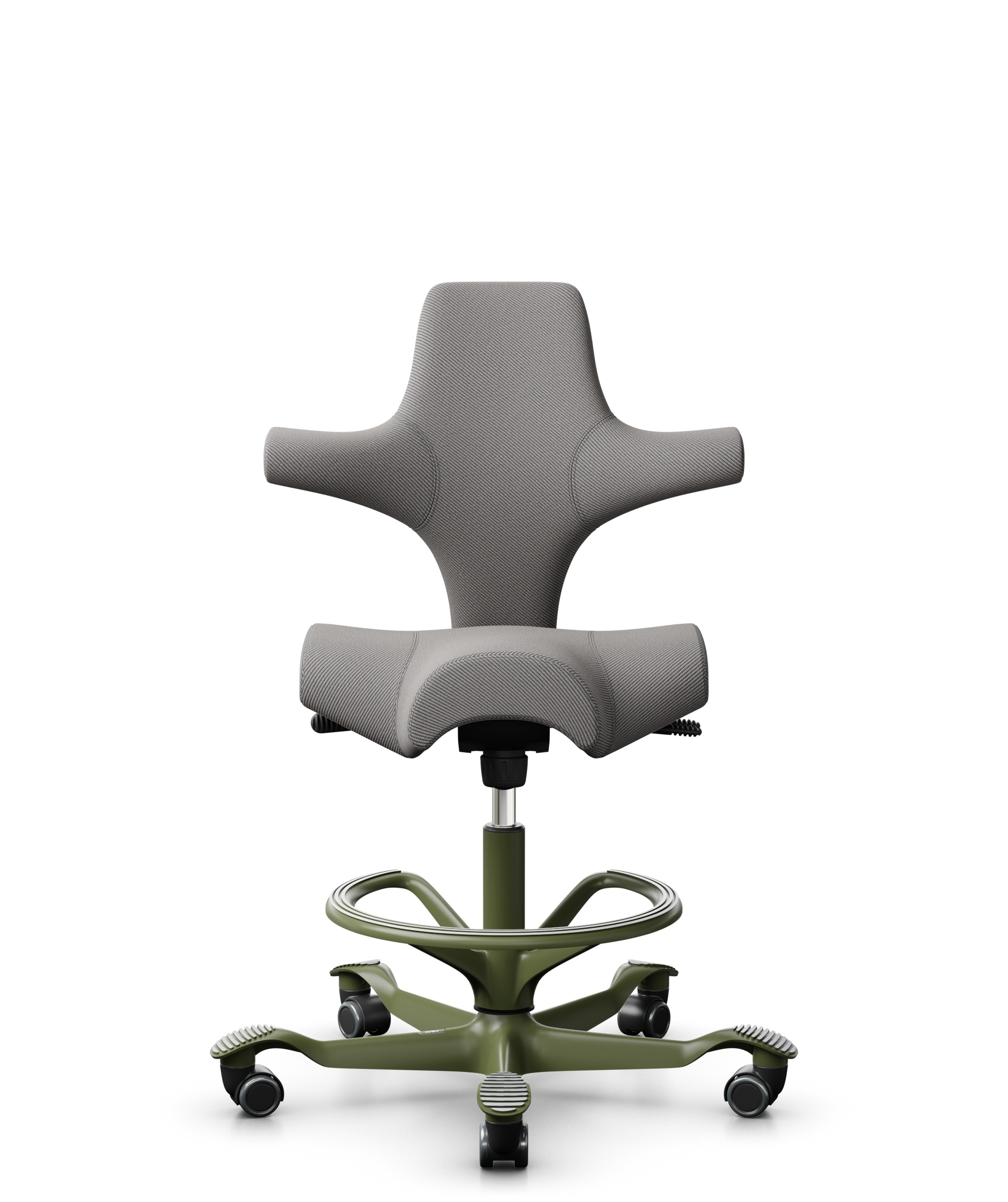HÅG Capisco 8106 - Oceanic (Camira) - Gerecycled Polyester - OCI008 - Warm grey - Framekleur - Moss Grey - Gasveer - 200 mm (Zithoogte 46-64cm) - Vloercontact - Zachte wielen t.b.v. harde vloeren - Voetenring - Ja, in framekleur - Voetster - Nee, voets... - 1