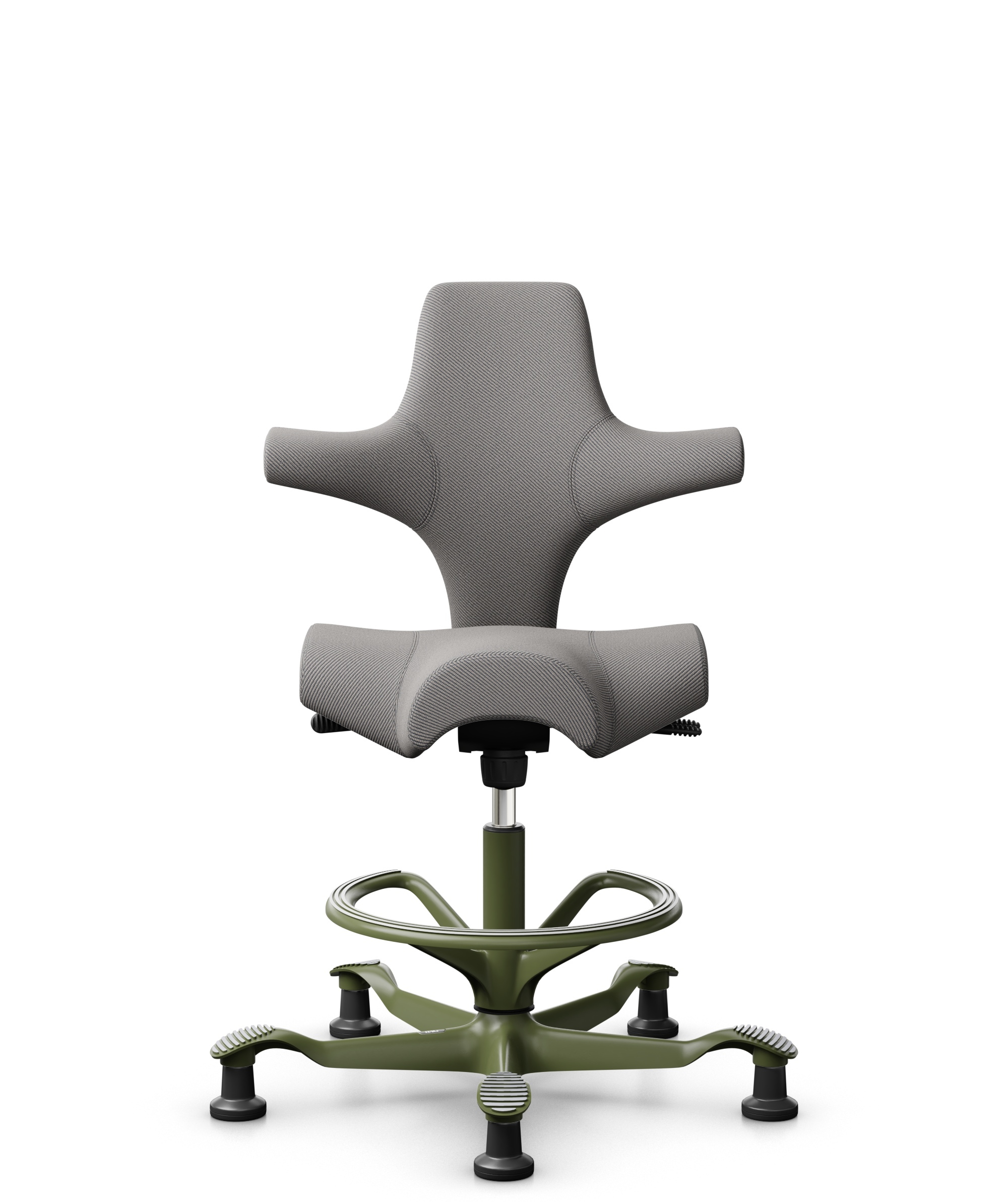 HÅG Capisco 8106 - Oceanic (Camira) - Gerecycled Polyester - OCI008 - Warm grey - Framekleur - Moss Grey - Gasveer - 200 mm (Zithoogte 46-64cm) - Vloercontact - Glijdoppen - Voetenring - Ja, in framekleur - Voetster - Nee, voetster in framekleur - 1