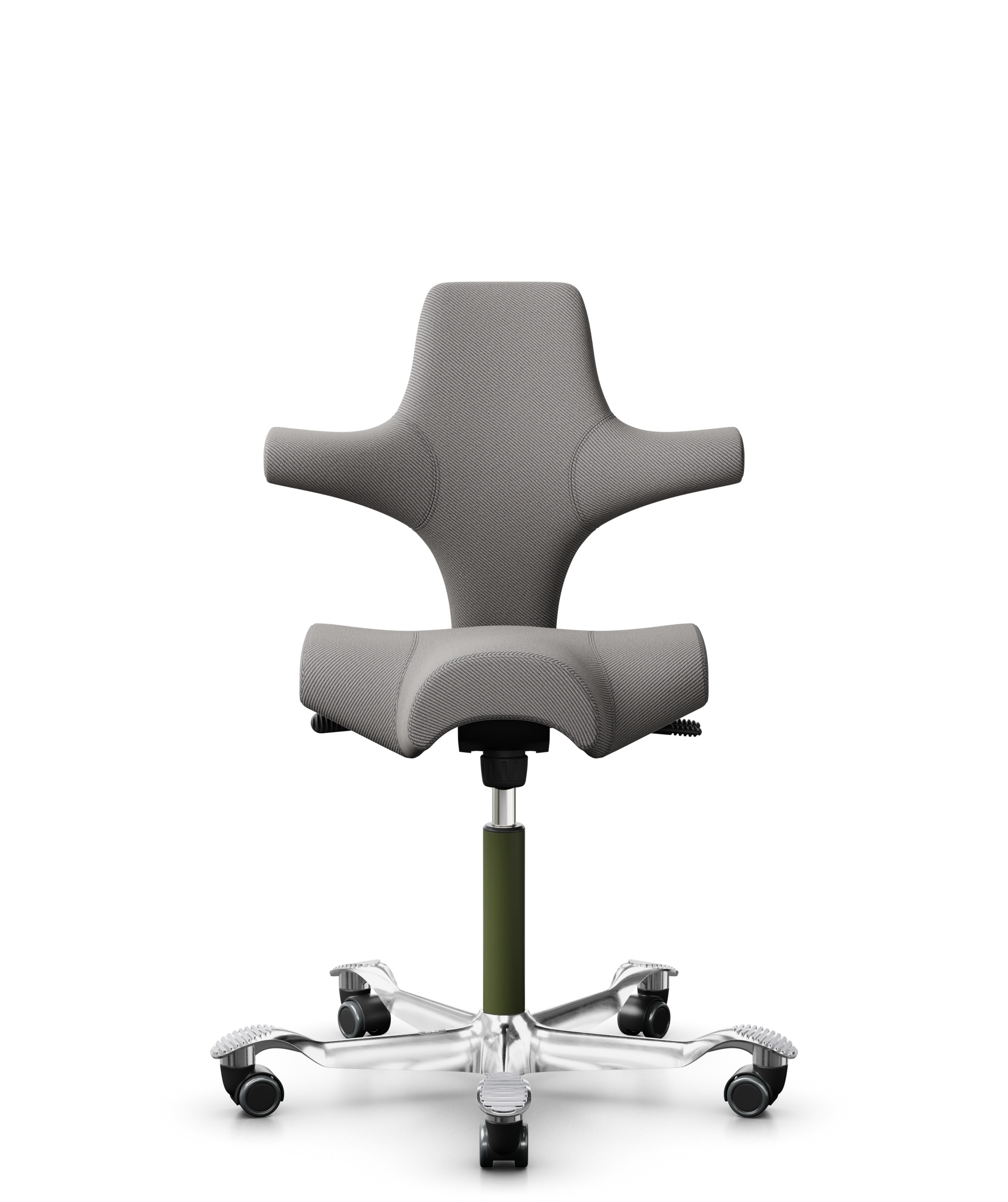 HÅG Capisco 8106 - Oceanic (Camira) - Gerecycled Polyester - OCI008 - Warm grey - Framekleur - Moss Grey - Gasveer - 265 mm (Zithoogte 53-79cm) - Vloercontact - Zachte wielen t.b.v. harde vloeren - Voetenring - Nee, geen voetenring - Voetster - Ja, voe... - 1