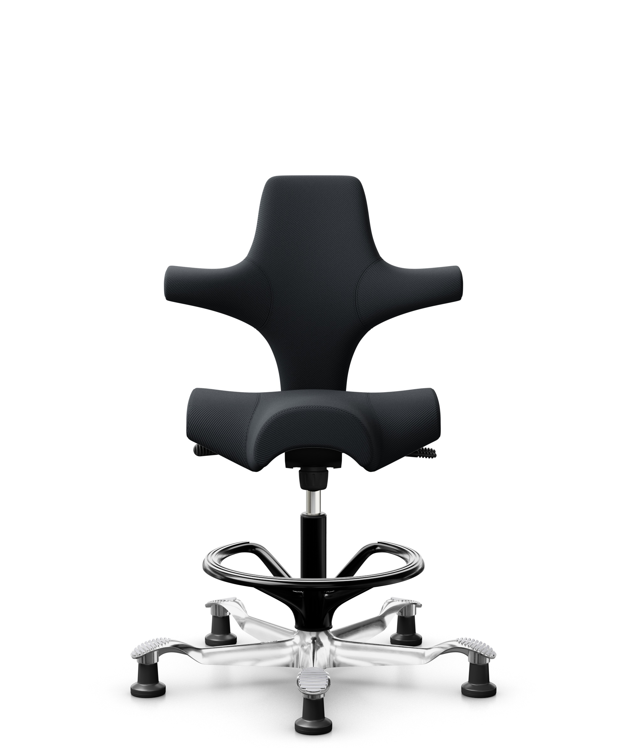 HÅG Capisco 8106 - Oceanic (Camira) - Gerecycled Polyester - OCI001 - Black - Framekleur - Zwart - Gasveer - 265 mm (Zithoogte 53-79cm) - Vloercontact - Glijdoppen - Voetenring - Ja, in framekleur - Voetster - Ja, voetster in gepolijst aluminium - 1