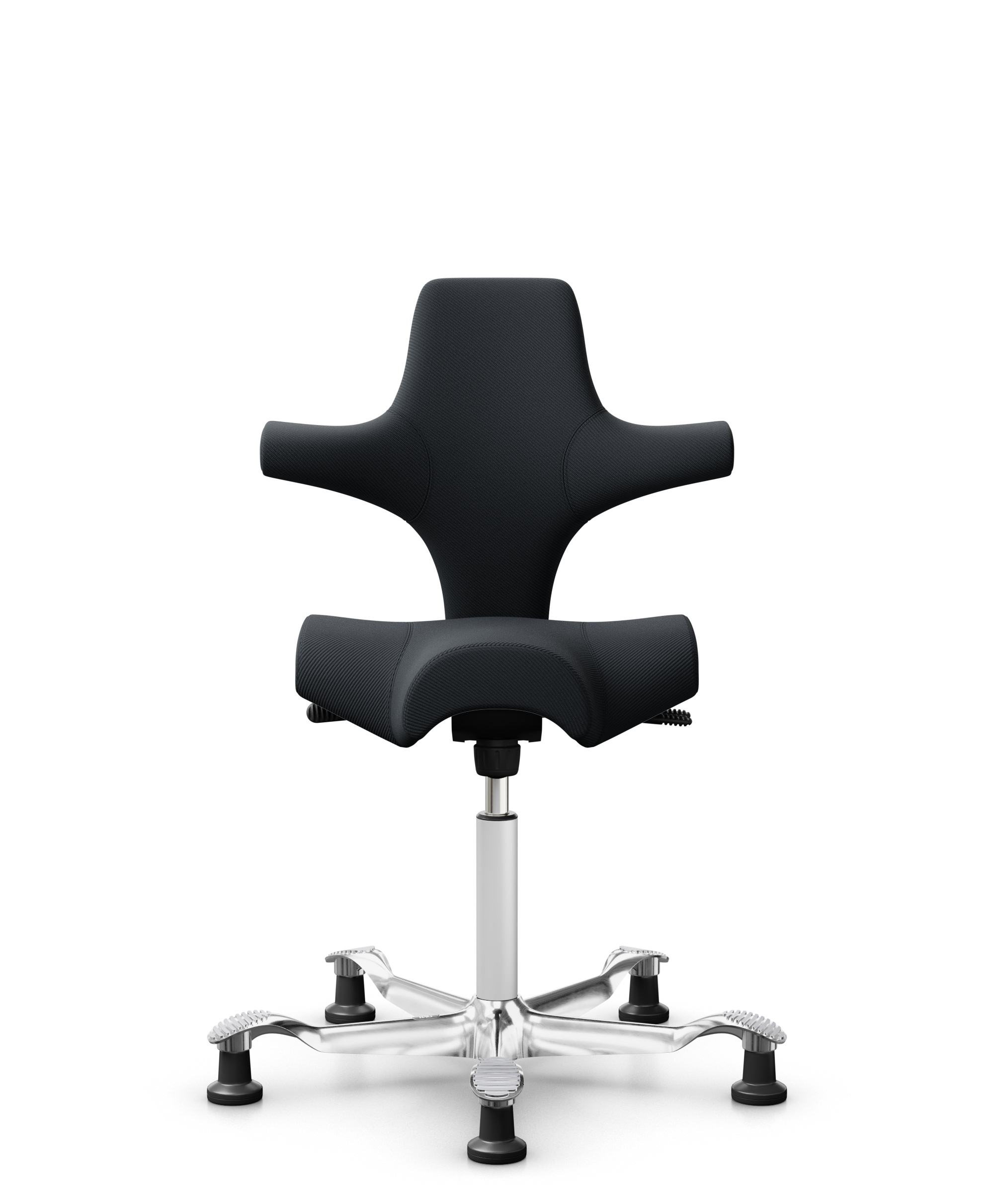HÅG Capisco 8106 - Oceanic (Camira) - Gerecycled Polyester - OCI001 - Black - Framekleur - Wit - Gasveer - 150 mm (Zithoogte 40-55cm) - Vloercontact - Glijdoppen - Voetenring - Nee, geen voetenring - Voetster - Ja, voetster in gepolijst aluminium - 1