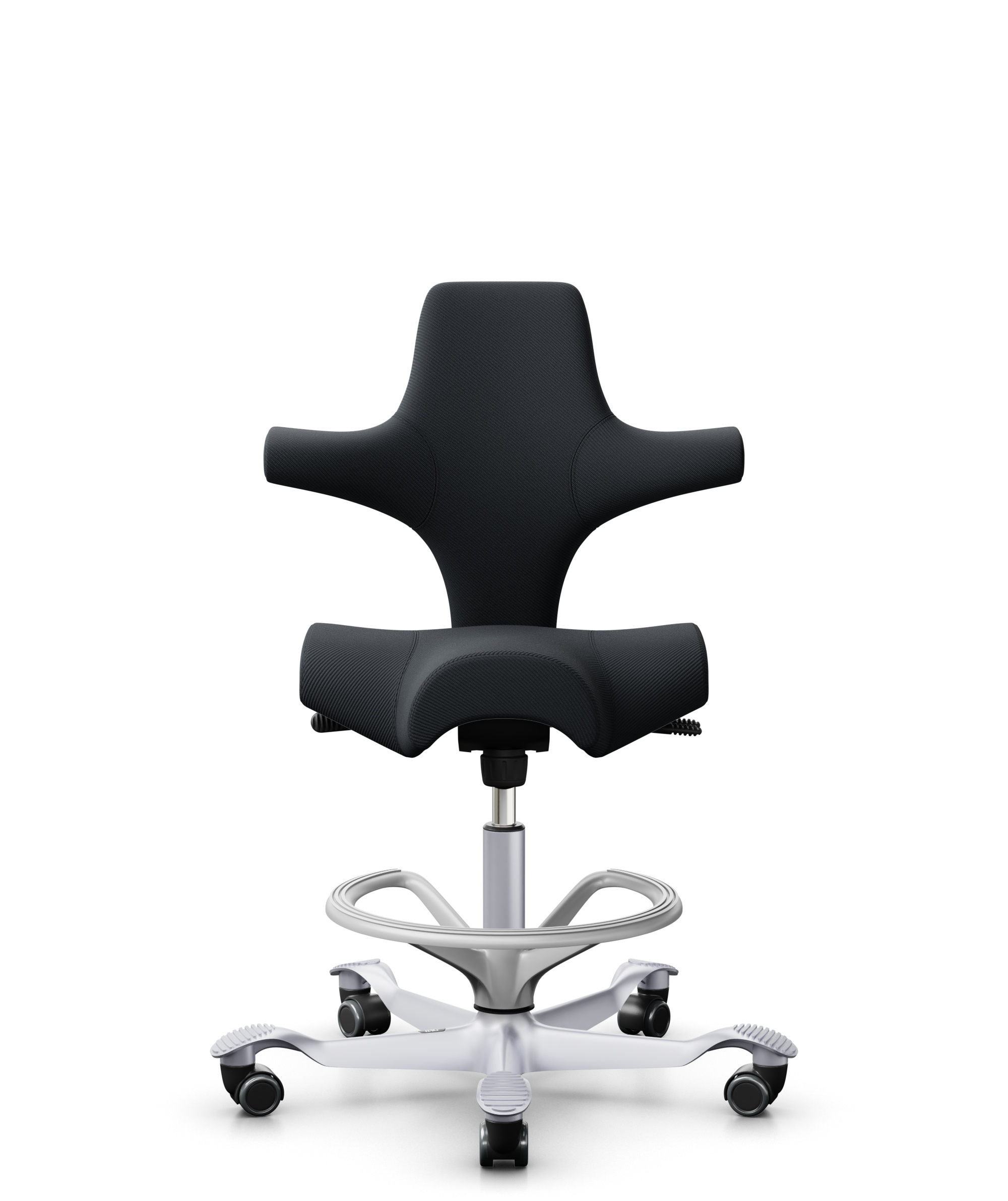 HÅG Capisco 8106 - Oceanic (Camira) - Gerecycled Polyester - OCI001 - Black - Framekleur - Zilver - Gasveer - 200 mm (Zithoogte 46-64cm) - Vloercontact - Zachte wielen t.b.v. harde vloeren - Voetenring - Ja, in framekleur - Voetster - Nee, voetster in ... - 1