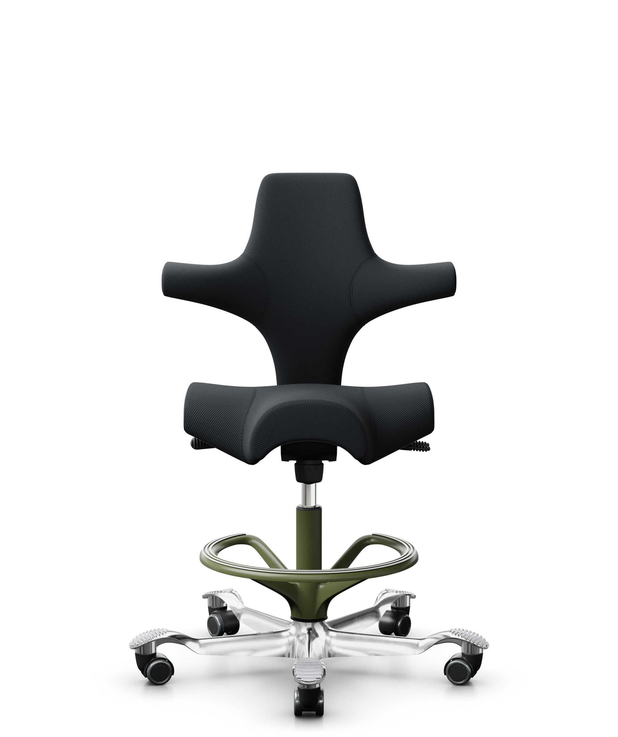 HÅG Capisco 8106 - Oceanic (Camira) - Gerecycled Polyester - OCI001 - Black - Framekleur - Moss Grey - Gasveer - 265 mm (Zithoogte 53-79cm) - Vloercontact - Zachte wielen t.b.v. harde vloeren - Voetenring - Ja, in framekleur - Voetster - Ja, voetster i... - 1