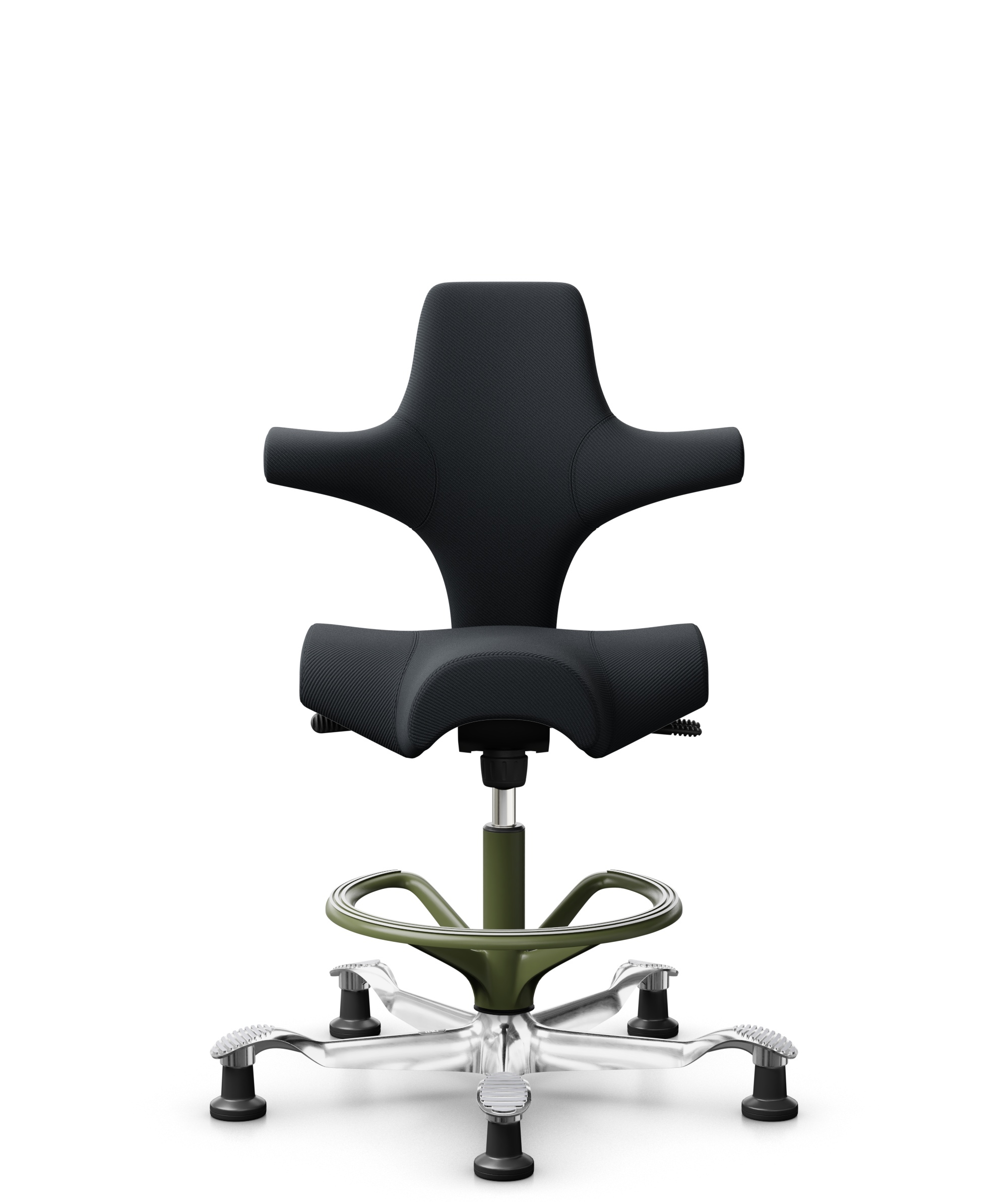 HÅG Capisco 8106 - Oceanic (Camira) - Gerecycled Polyester - OCI001 - Black - Framekleur - Moss Grey - Gasveer - 265 mm (Zithoogte 53-79cm) - Vloercontact - Glijdoppen - Voetenring - Ja, in framekleur - Voetster - Ja, voetster in gepolijst aluminium - 1
