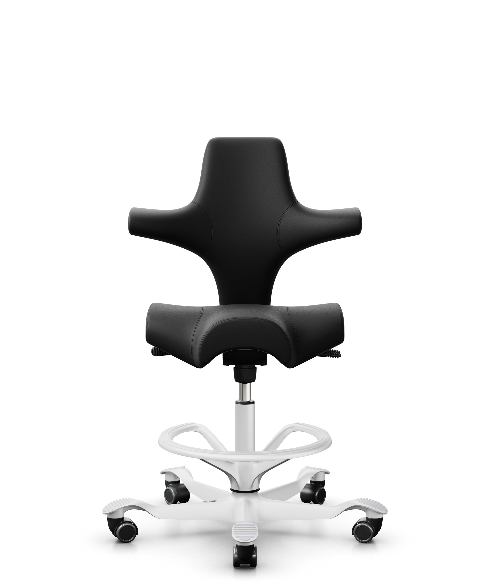 HÅG Capisco 8106 - Puxx 1 (Oniro) - Polyurethaan Kunstleer - PU215816 - Black - Framekleur - Wit - Gasveer - 265 mm (Zithoogte 53-79cm) - Vloercontact - Harde wielen t.b.v. zachte vloeren - Voetenring - Ja, in framekleur - Voetster - Nee, voetster in f... - 1