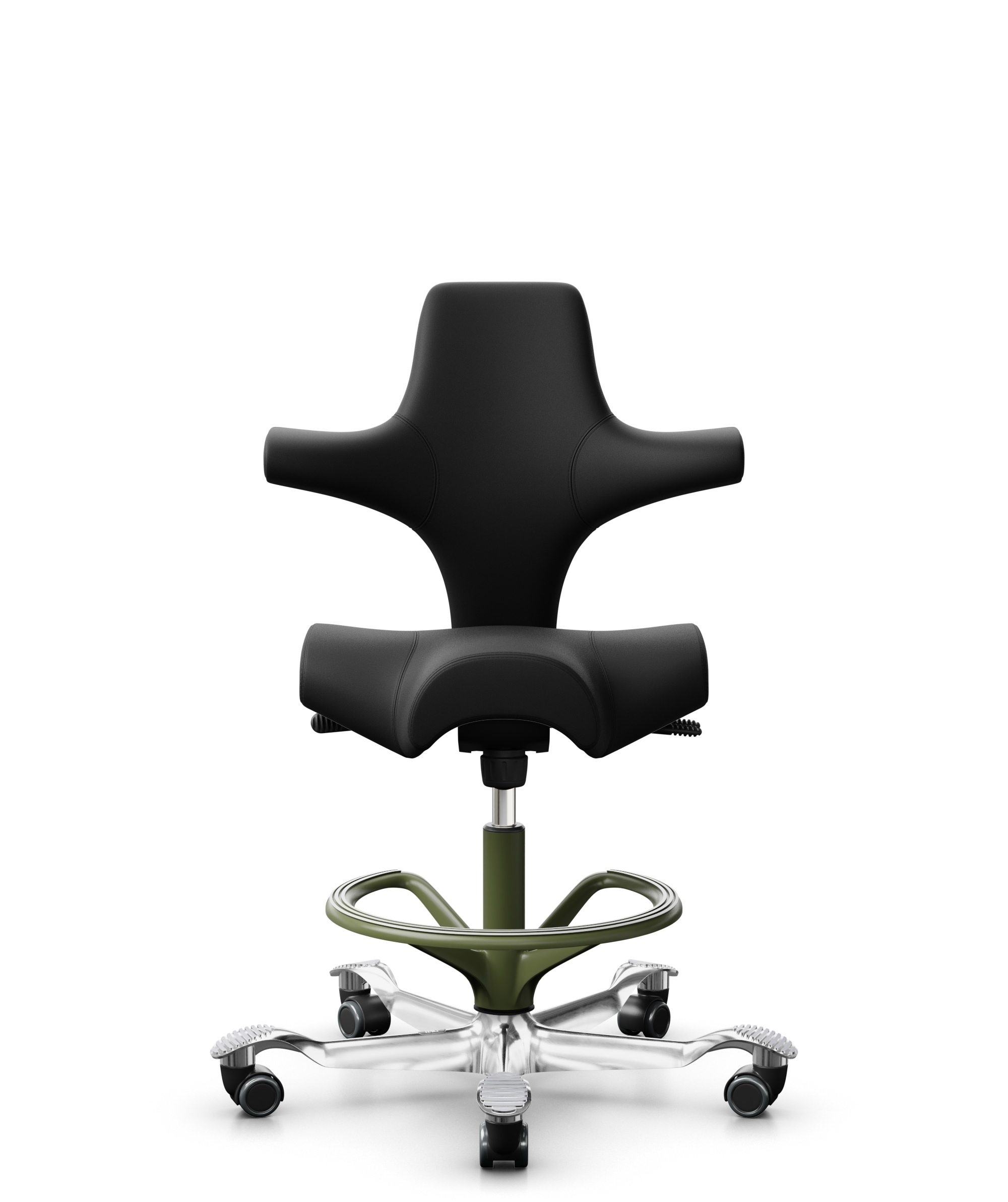 HÅG Capisco 8106 - Illusion 3.0 (Nevotex) - Polyurethaan Kunstleer - ILU3110 - Black - Framekleur - Moss Grey - Gasveer - 200 mm (Zithoogte 46-64cm) - Vloercontact - Zachte wielen t.b.v. harde vloeren - Voetenring - Ja, in framekleur - Voetster - Ja, v... - 1