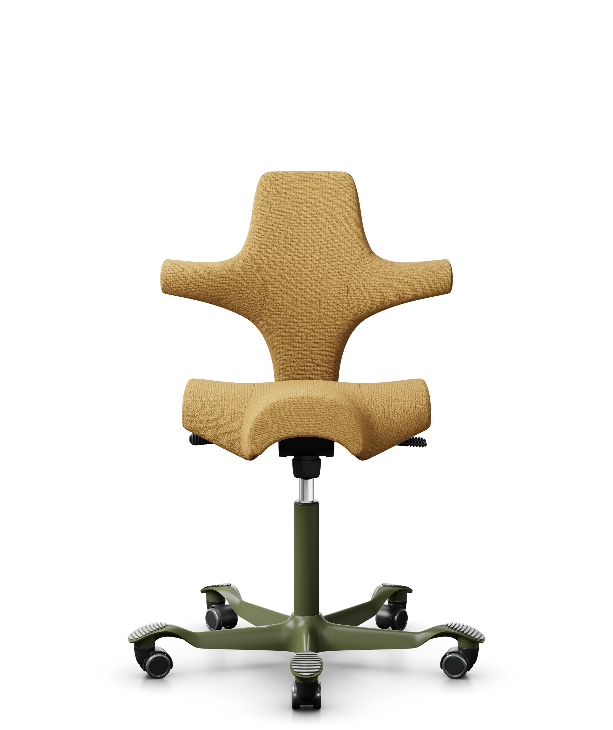 HÅG Capisco 8106 - Sirdal (GU) - Wol - SRD320 - Ochre - Framekleur - Moss Grey - Gasveer - 200 mm (Zithoogte 46-64cm) - Vloercontact - Harde wielen t.b.v. zachte vloeren - Voetenring - Nee, geen voetenring - Voetster - Nee, voetster in framekleur - 1