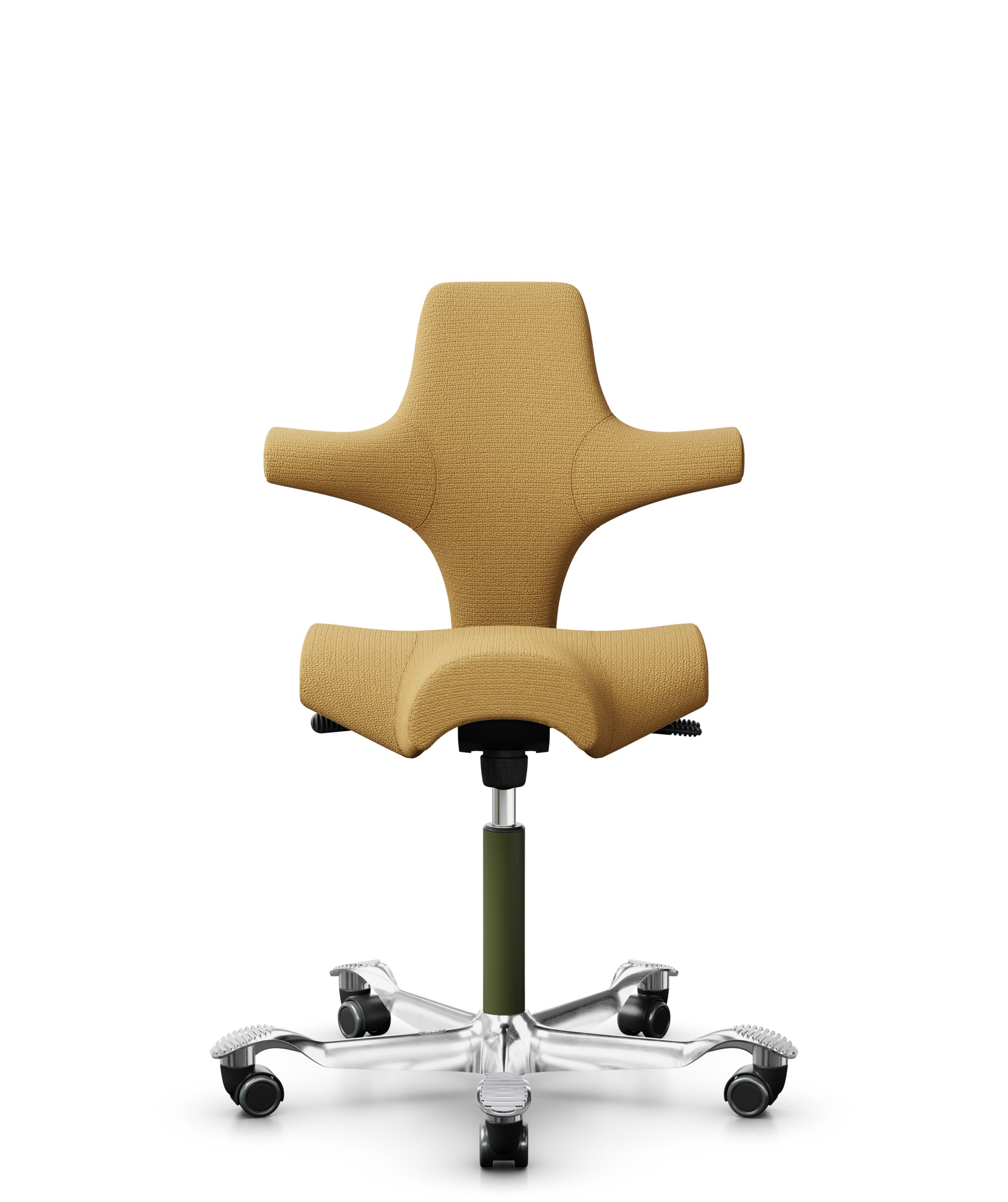 HÅG Capisco 8106 - Sirdal (GU) - Wol - SRD320 - Ochre - Framekleur - Moss Grey - Gasveer - 265 mm (Zithoogte 53-79cm) - Vloercontact - Harde wielen t.b.v. zachte vloeren - Voetenring - Nee, geen voetenring - Voetster - Ja, voetster in gepolijst aluminium - 1