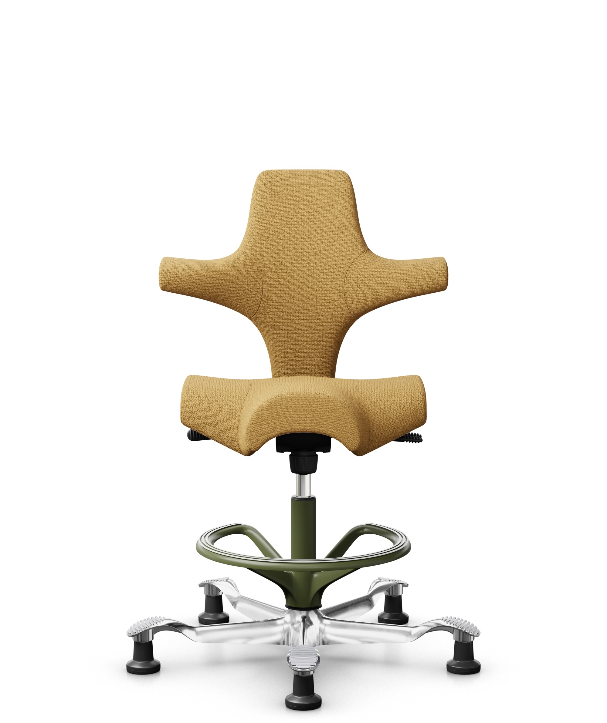 HÅG Capisco 8106 - Sirdal (GU) - Wol - SRD320 - Ochre - Framekleur - Moss Grey - Gasveer - 265 mm (Zithoogte 53-79cm) - Vloercontact - Glijdoppen - Voetenring - Ja, in framekleur - Voetster - Ja, voetster in gepolijst aluminium - 1