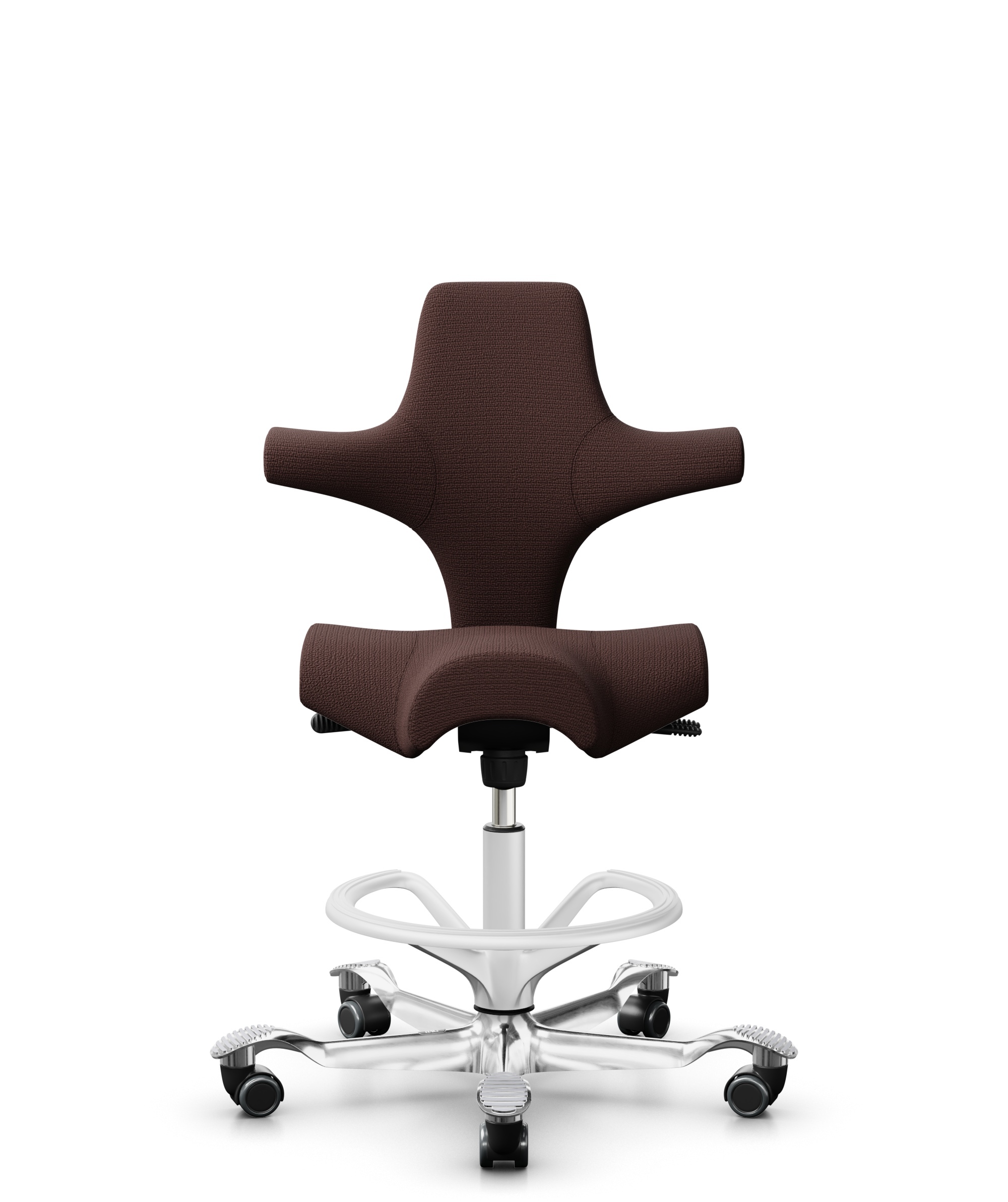 HÅG Capisco 8106 - Sirdal (GU) - Wol - SRD480 - Chestnut - Framekleur - Wit - Gasveer - 200 mm (Zithoogte 46-64cm) - Vloercontact - Zachte wielen t.b.v. harde vloeren - Voetenring - Ja, in framekleur - Voetster - Ja, voetster in gepolijst aluminium - 1