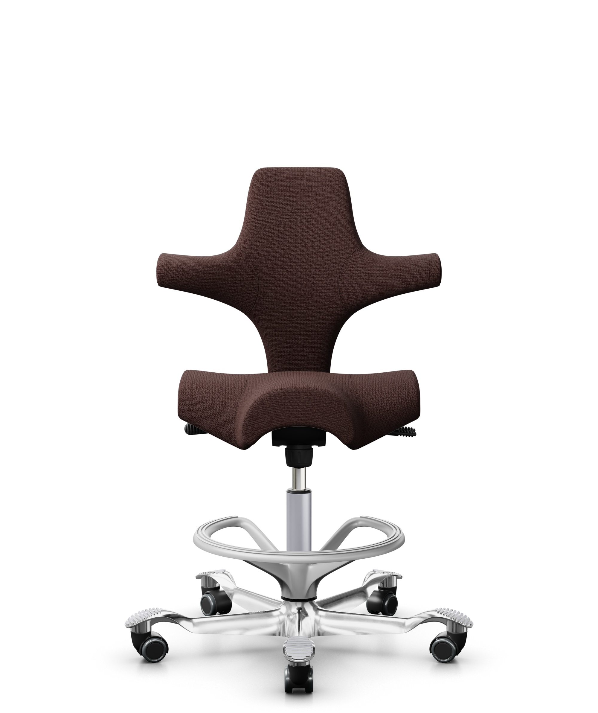 HÅG Capisco 8106 - Sirdal (GU) - Wol - SRD480 - Chestnut - Framekleur - Zilver - Gasveer - 200 mm (Zithoogte 46-64cm) - Vloercontact - Zachte wielen t.b.v. harde vloeren - Voetenring - Ja, in framekleur - Voetster - Ja, voetster in gepolijst aluminium - 1
