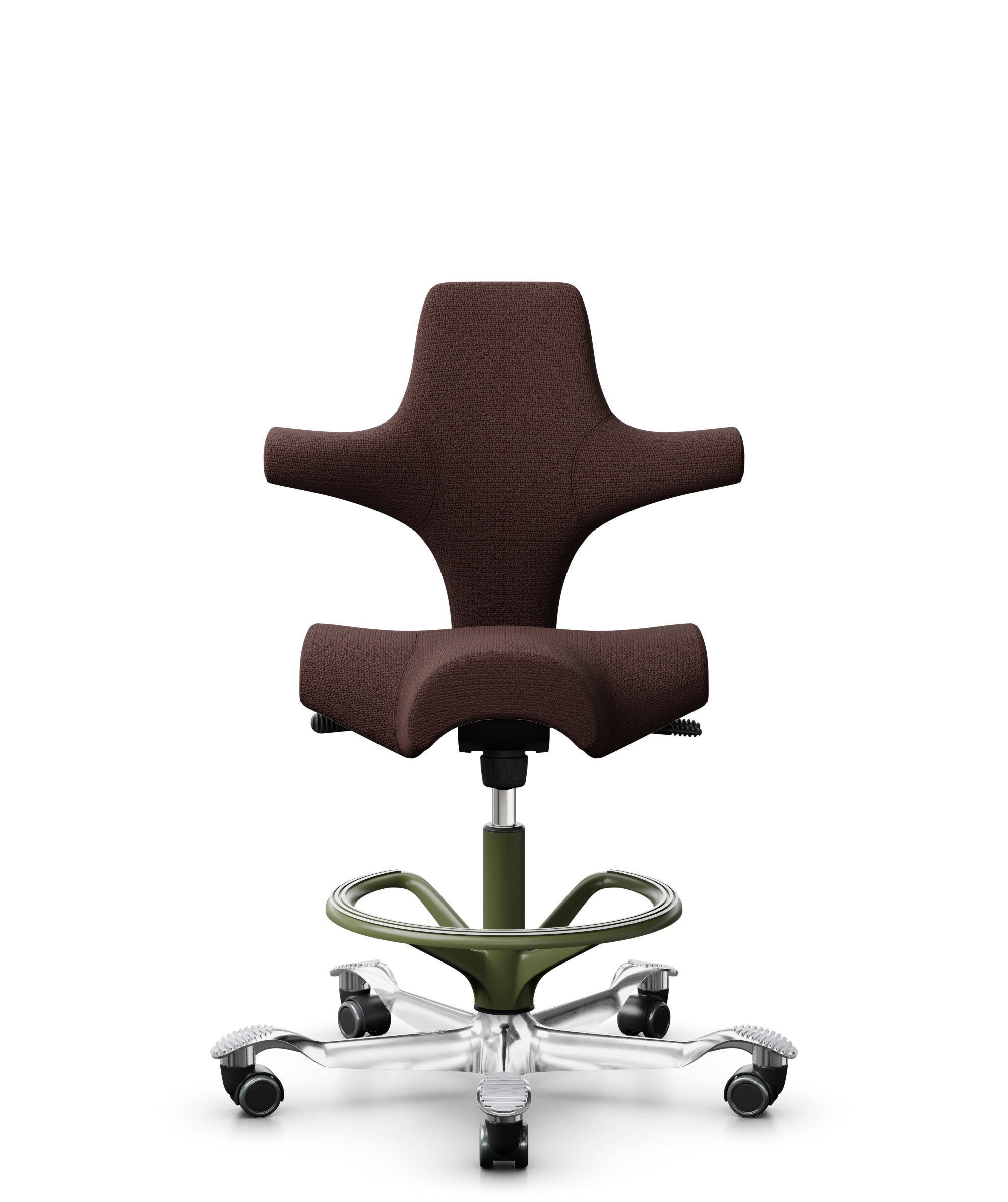 HÅG Capisco 8106 - Sirdal (GU) - Wol - SRD480 - Chestnut - Framekleur - Moss Grey - Gasveer - 200 mm (Zithoogte 46-64cm) - Vloercontact - Zachte wielen t.b.v. harde vloeren - Voetenring - Ja, in framekleur - Voetster - Ja, voetster in gepolijst aluminium - 1