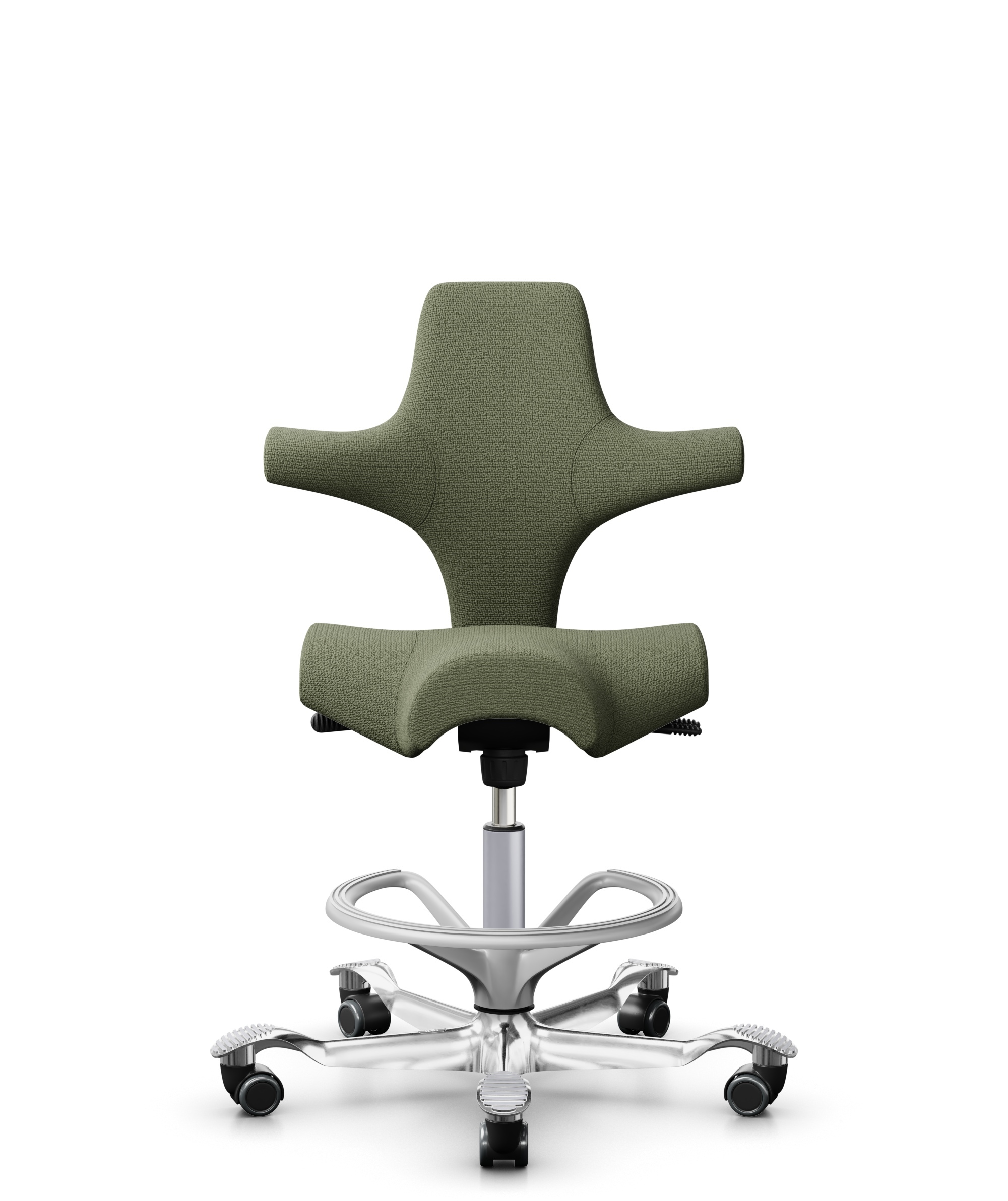 HÅG Capisco 8106 - Sirdal (GU) - Wol - SRD960 - Green - Framekleur - Zilver - Gasveer - 200 mm (Zithoogte 46-64cm) - Vloercontact - Zachte wielen t.b.v. harde vloeren - Voetenring - Ja, in framekleur - Voetster - Ja, voetster in gepolijst aluminium - 1