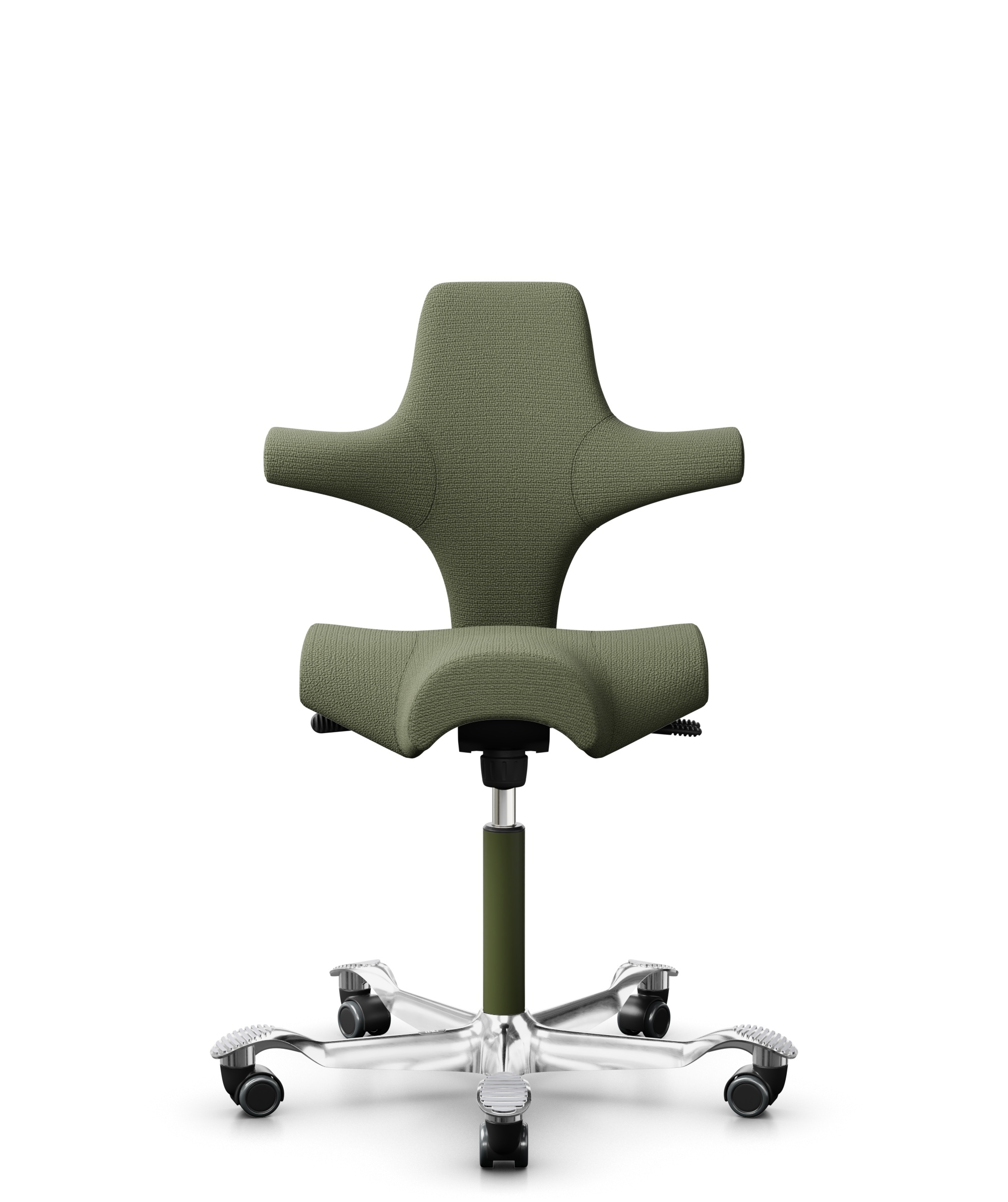 HÅG Capisco 8106 - Sirdal (GU) - Wol - SRD960 - Green - Framekleur - Moss Grey - Gasveer - 200 mm (Zithoogte 46-64cm) - Vloercontact - Zachte wielen t.b.v. harde vloeren - Voetenring - Nee, geen voetenring - Voetster - Ja, voetster in gepolijst aluminium - 1