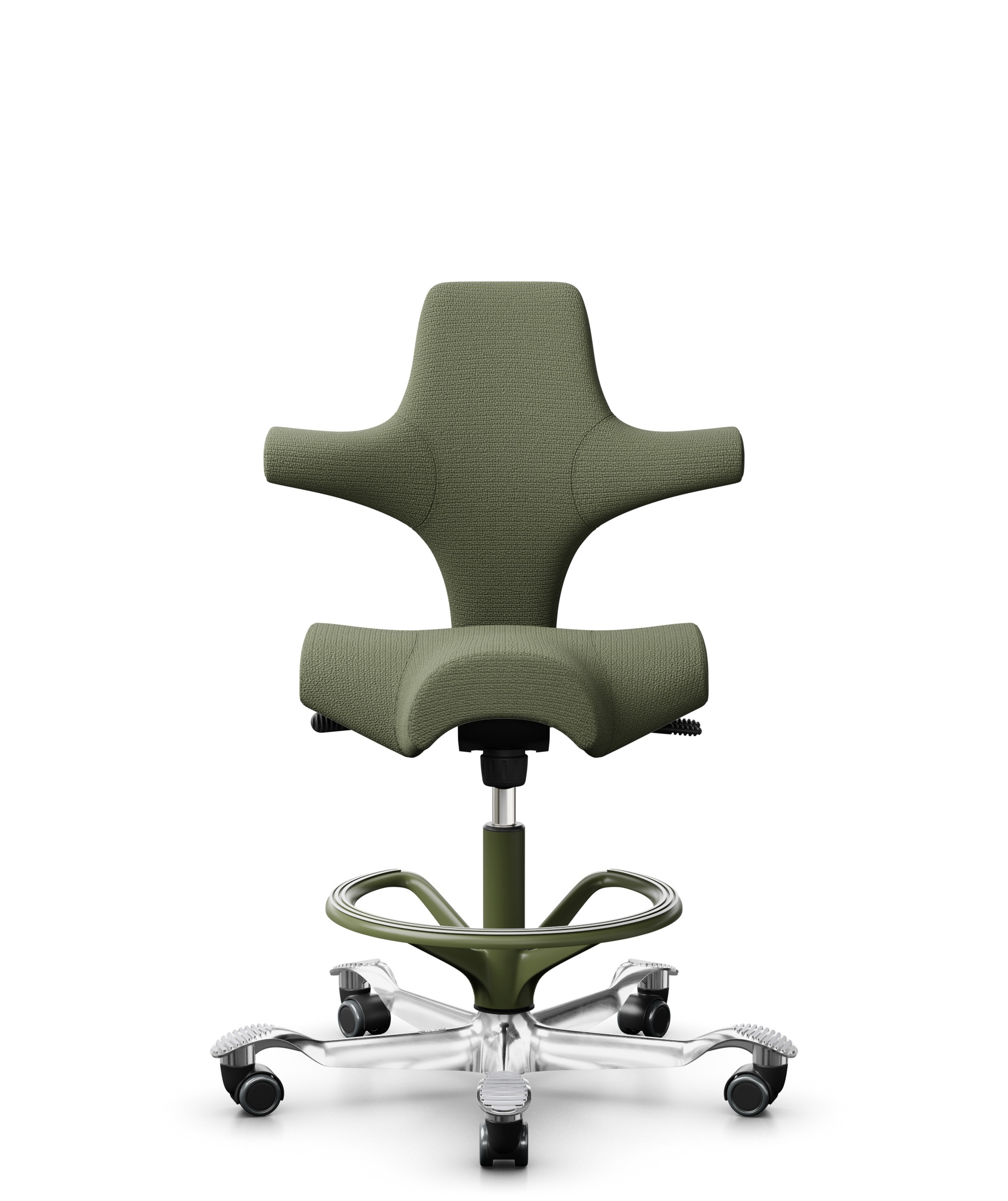 HÅG Capisco 8106 - Sirdal (GU) - Wol - SRD960 - Green - Framekleur - Moss Grey - Gasveer - 200 mm (Zithoogte 46-64cm) - Vloercontact - Zachte wielen t.b.v. harde vloeren - Voetenring - Ja, in framekleur - Voetster - Ja, voetster in gepolijst aluminium - 1