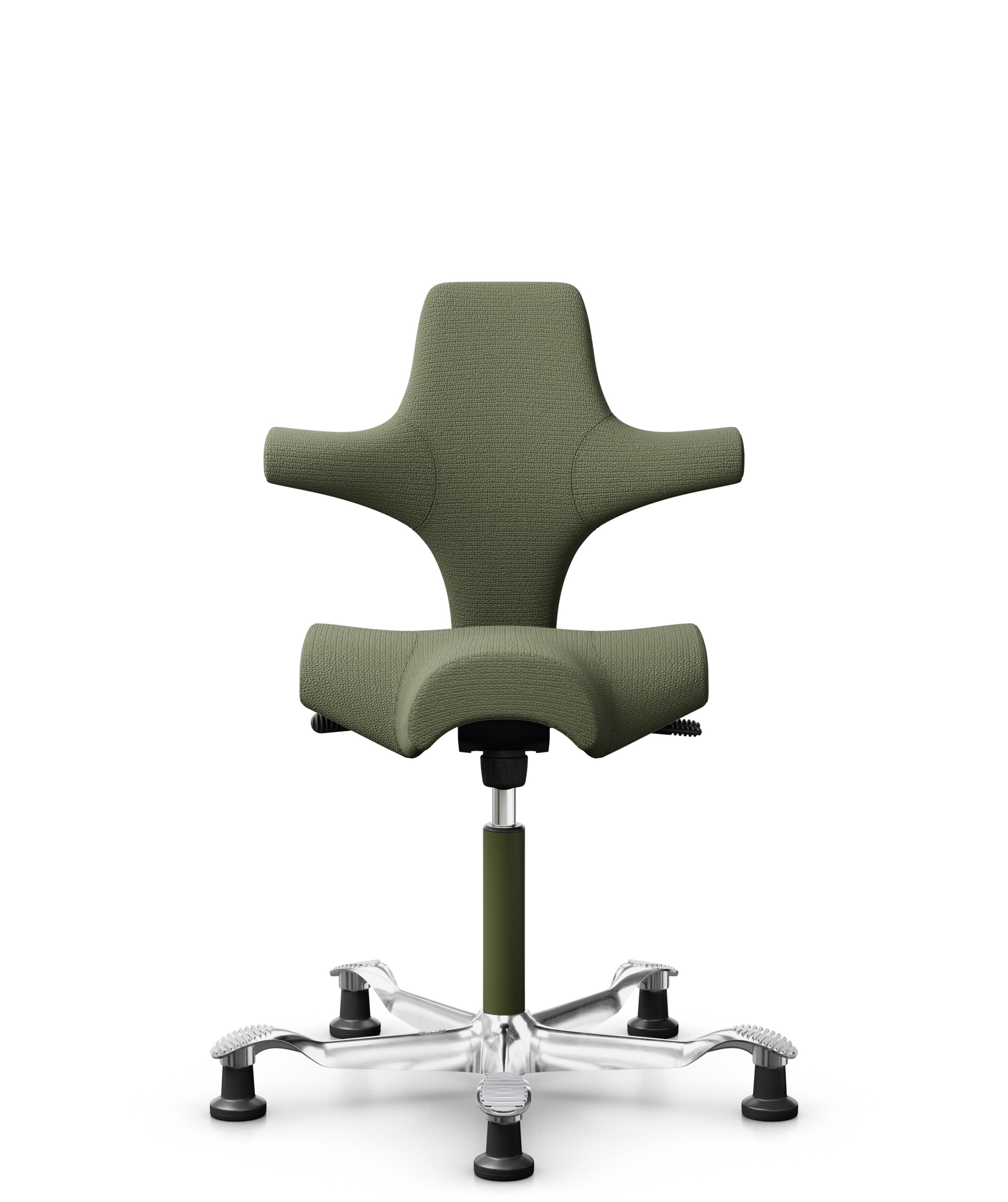 HÅG Capisco 8106 - Sirdal (GU) - Wol - SRD960 - Green - Framekleur - Moss Grey - Gasveer - 200 mm (Zithoogte 46-64cm) - Vloercontact - Glijdoppen - Voetenring - Nee, geen voetenring - Voetster - Ja, voetster in gepolijst aluminium - 1