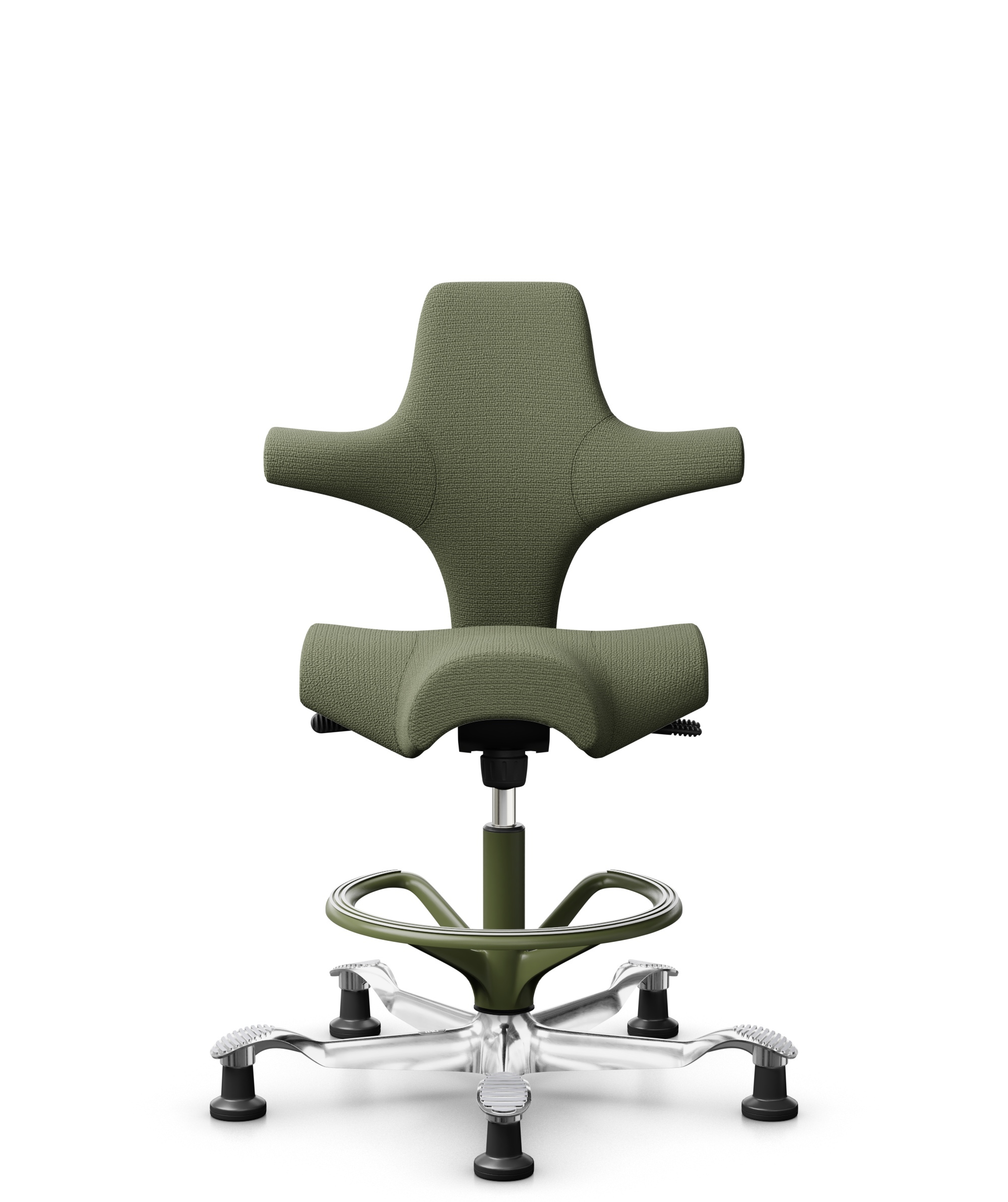 HÅG Capisco 8106 - Sirdal (GU) - Wol - SRD960 - Green - Framekleur - Moss Grey - Gasveer - 200 mm (Zithoogte 46-64cm) - Vloercontact - Glijdoppen - Voetenring - Ja, in framekleur - Voetster - Ja, voetster in gepolijst aluminium - 1