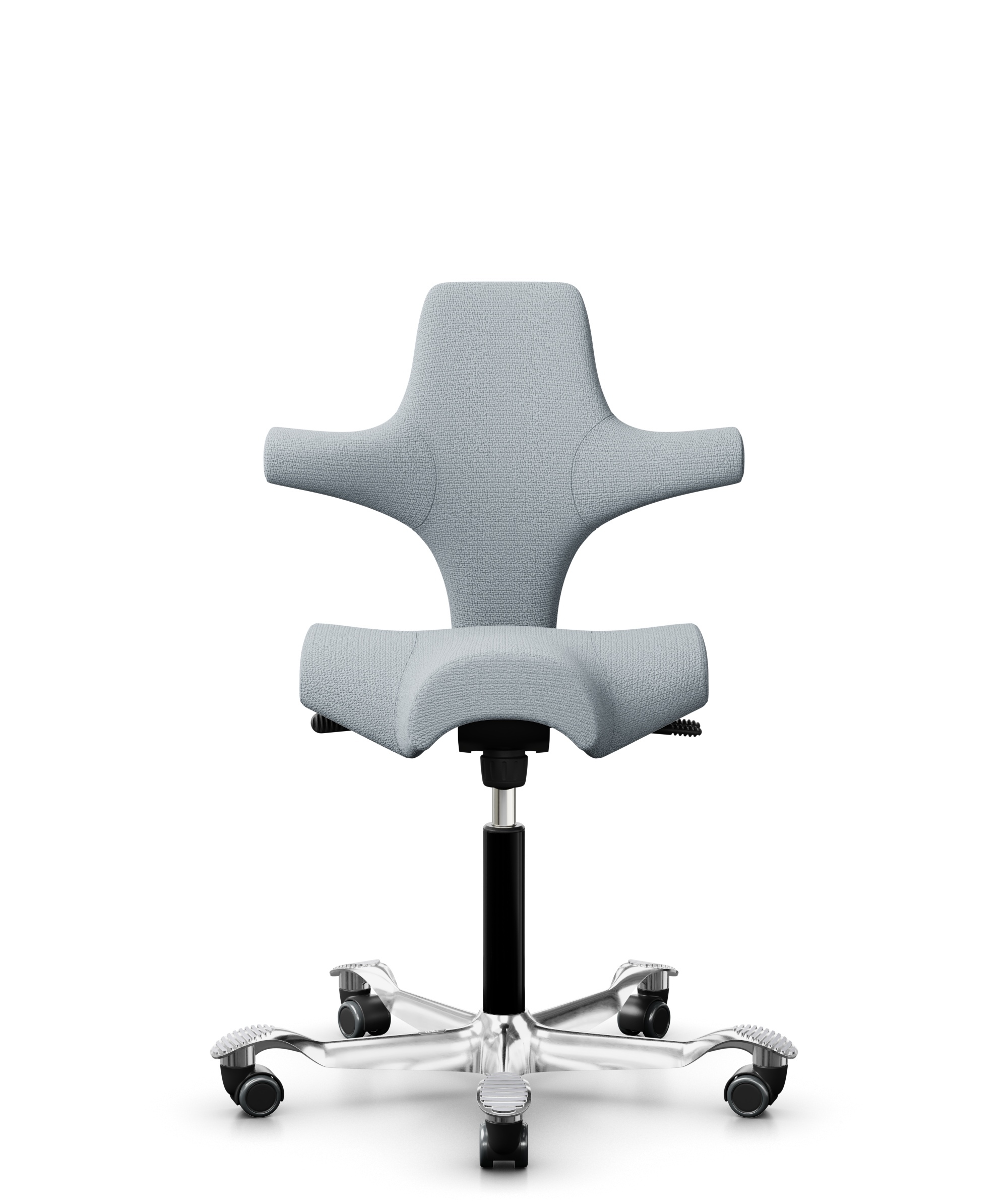 HÅG Capisco 8106 - Sirdal (GU) - Wol - SRD120 Light grey - Framekleur - Zwart - Gasveer - 265 mm (Zithoogte 53-79cm) - Vloercontact - Harde wielen t.b.v. zachte vloeren - Voetenring - Nee, geen voetenring - Voetster - Ja, voetster in gepolijst aluminium - 1