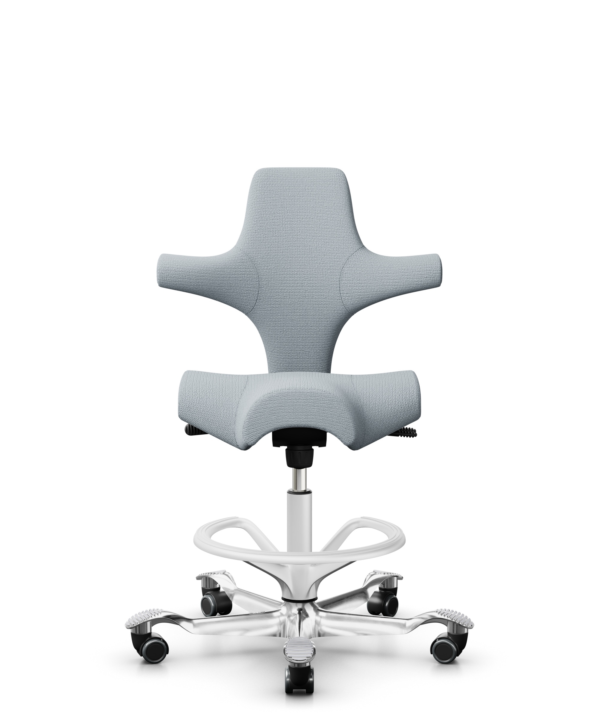 HÅG Capisco 8106 - Sirdal (GU) - Wol - SRD120 Light grey - Framekleur - Wit - Gasveer - 200 mm (Zithoogte 46-64cm) - Vloercontact - Harde wielen t.b.v. zachte vloeren - Voetenring - Ja, in framekleur - Voetster - Ja, voetster in gepolijst aluminium - 1