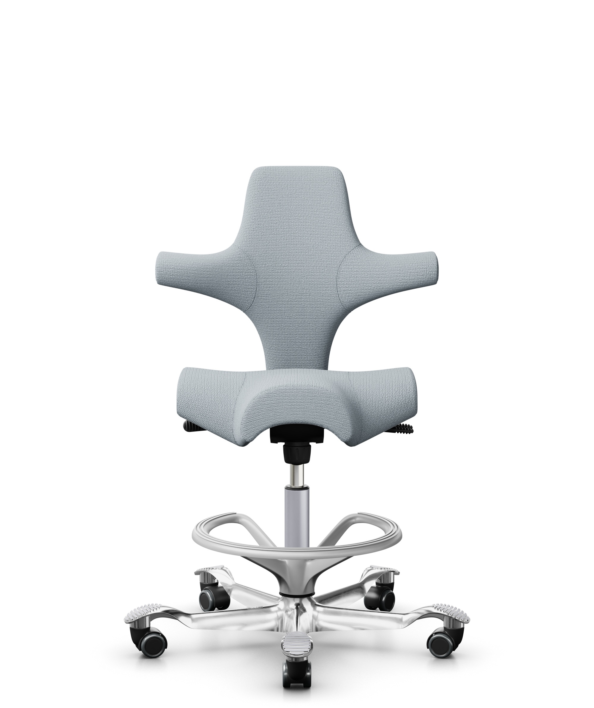 HÅG Capisco 8106 - Sirdal (GU) - Wol - SRD120 Light grey - Framekleur - Zilver - Gasveer - 200 mm (Zithoogte 46-64cm) - Vloercontact - Zachte wielen t.b.v. harde vloeren - Voetenring - Ja, in framekleur - Voetster - Ja, voetster in gepolijst aluminium - 1