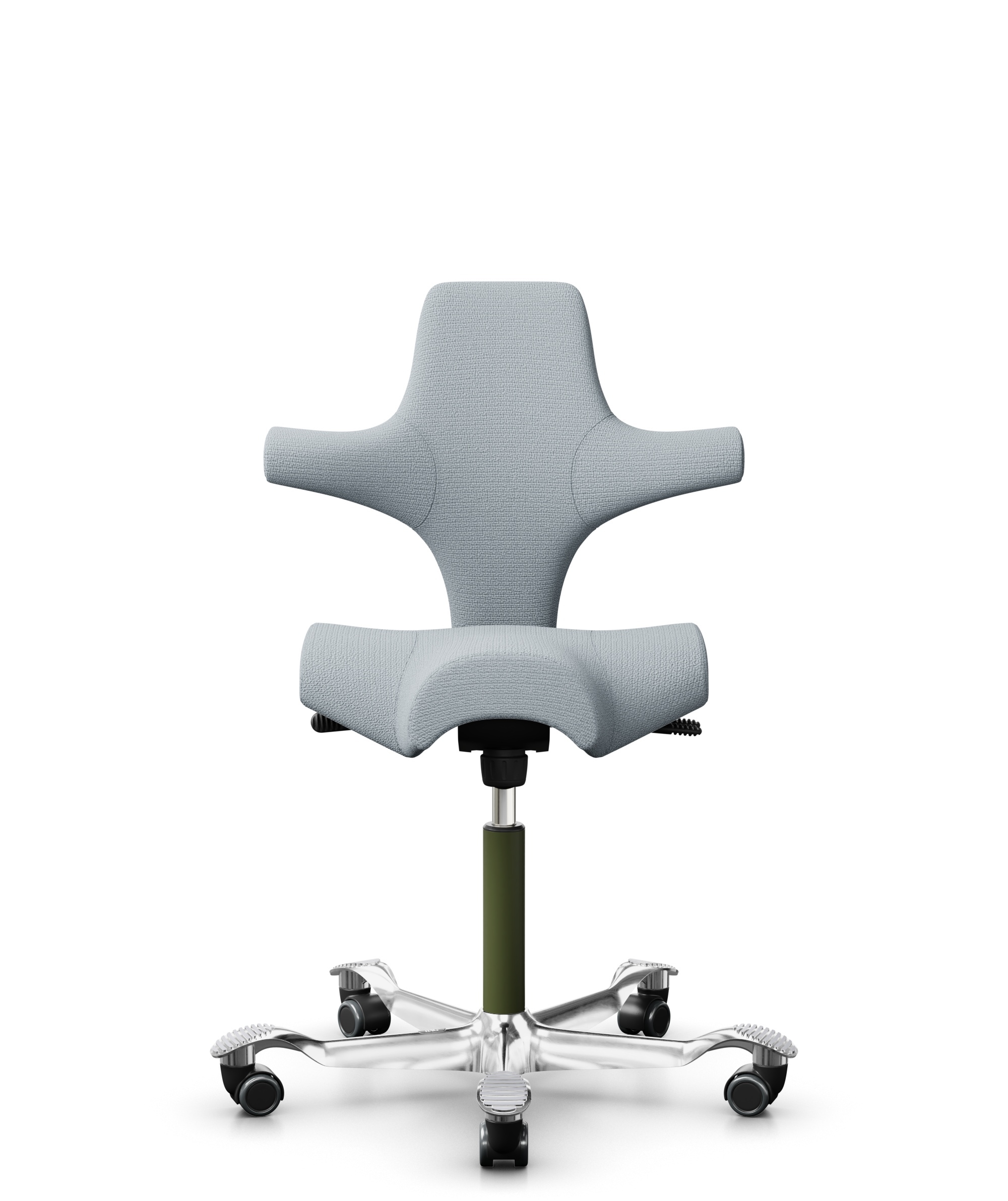 HÅG Capisco 8106 - Sirdal (GU) - Wol - SRD120 Light grey - Framekleur - Moss Grey - Gasveer - 200 mm (Zithoogte 46-64cm) - Vloercontact - Harde wielen t.b.v. zachte vloeren - Voetenring - Nee, geen voetenring - Voetster - Ja, voetster in gepolijst alum... - 1