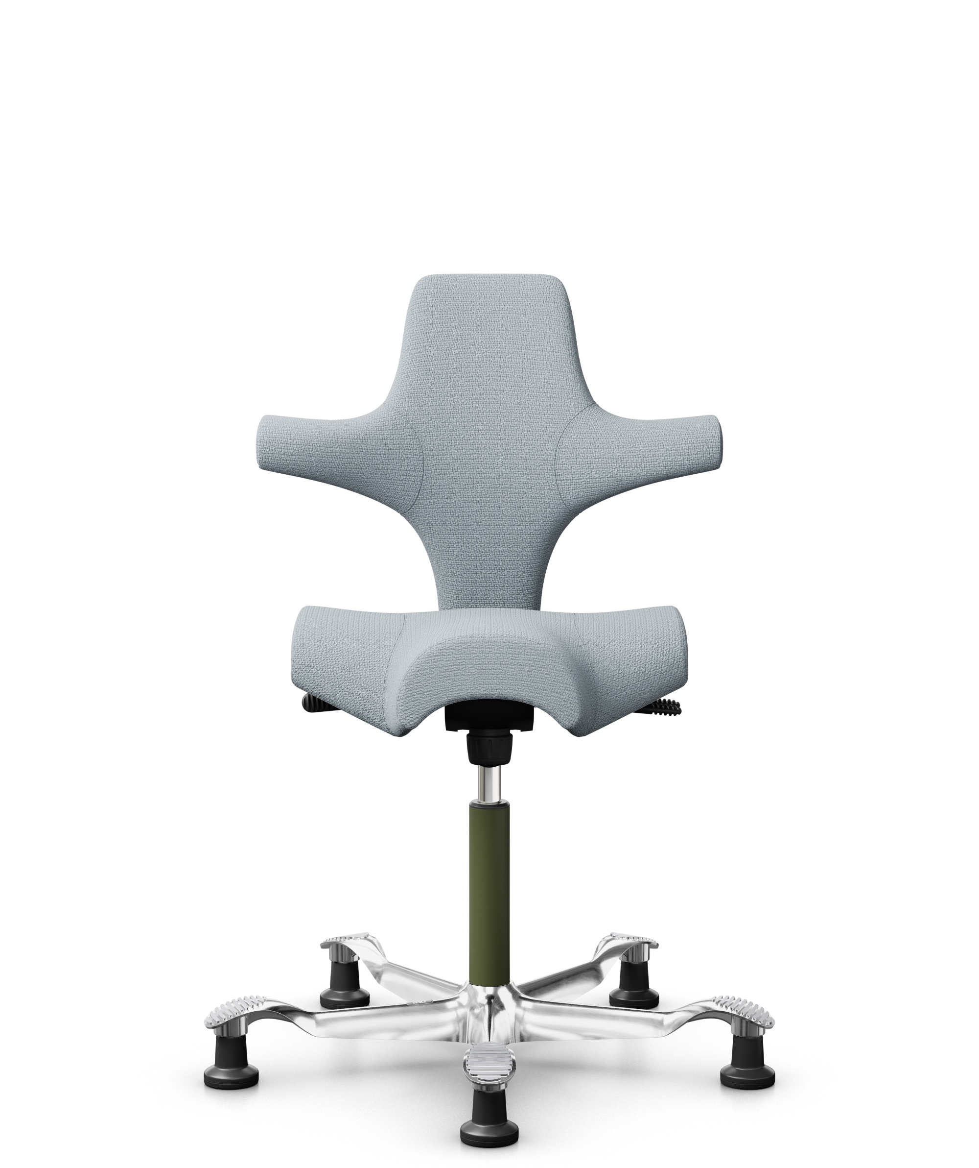 HÅG Capisco 8106 - Sirdal (GU) - Wol - SRD120 Light grey - Framekleur - Moss Grey - Gasveer - 200 mm (Zithoogte 46-64cm) - Vloercontact - Glijdoppen - Voetenring - Nee, geen voetenring - Voetster - Ja, voetster in gepolijst aluminium - 1