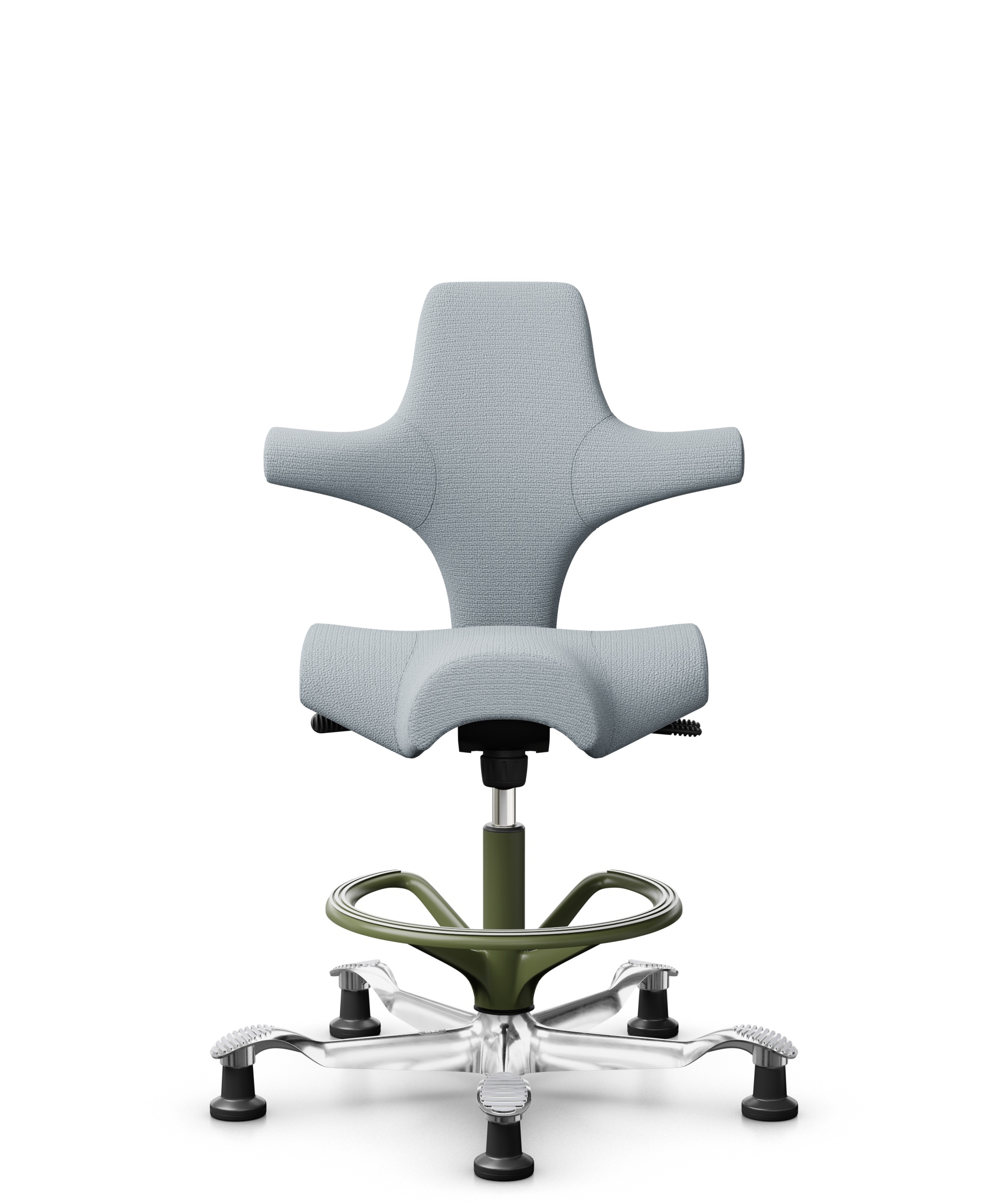 HÅG Capisco 8106 - Sirdal (GU) - Wol - SRD120 Light grey - Framekleur - Moss Grey - Gasveer - 200 mm (Zithoogte 46-64cm) - Vloercontact - Glijdoppen - Voetenring - Ja, in framekleur - Voetster - Ja, voetster in gepolijst aluminium - 1