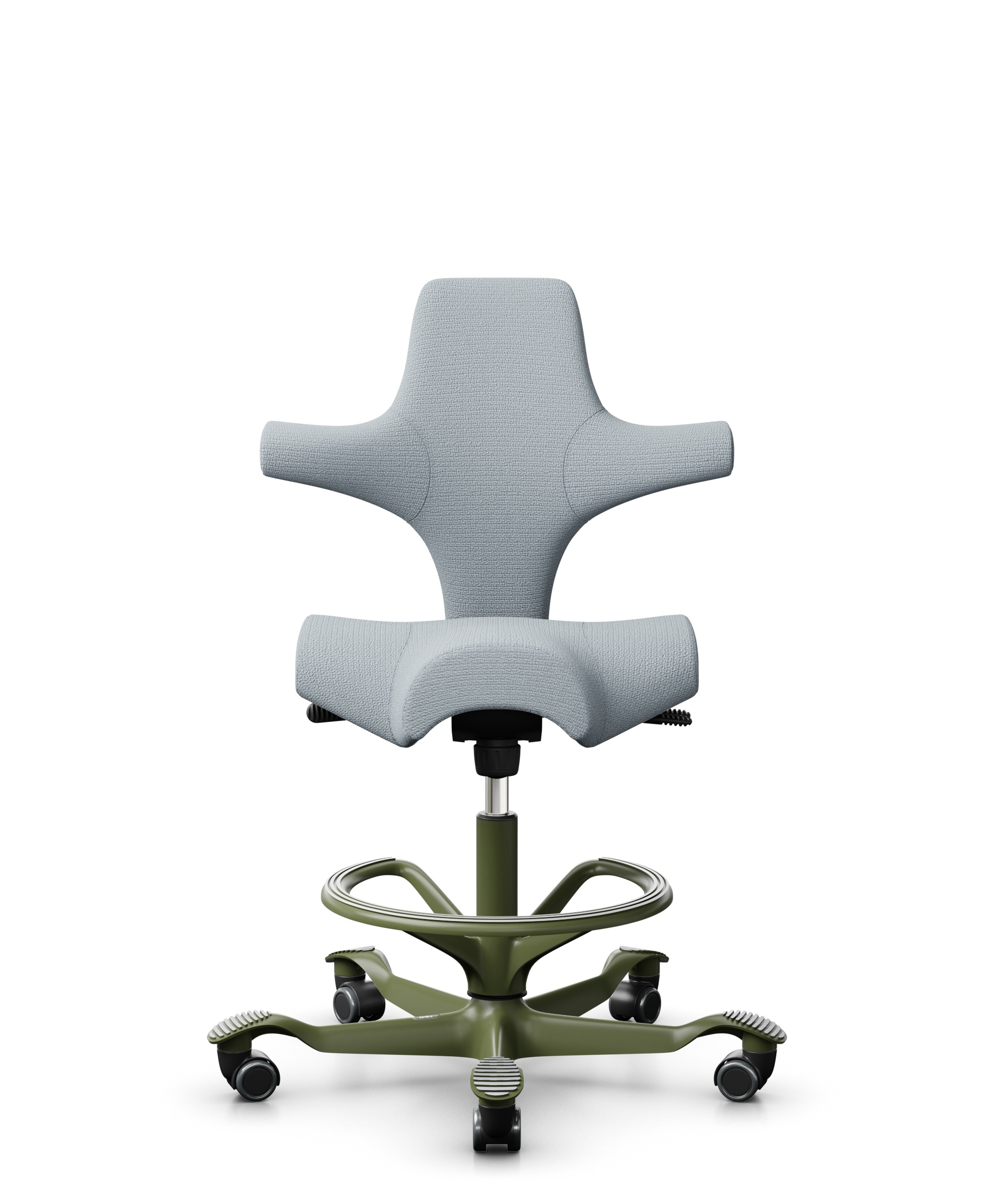 HÅG Capisco 8106 - Sirdal (GU) - Wol - SRD120 Light grey - Framekleur - Moss Grey - Gasveer - 265 mm (Zithoogte 53-79cm) - Vloercontact - Harde wielen t.b.v. zachte vloeren - Voetenring - Ja, in framekleur - Voetster - Nee, voetster in framekleur - 1