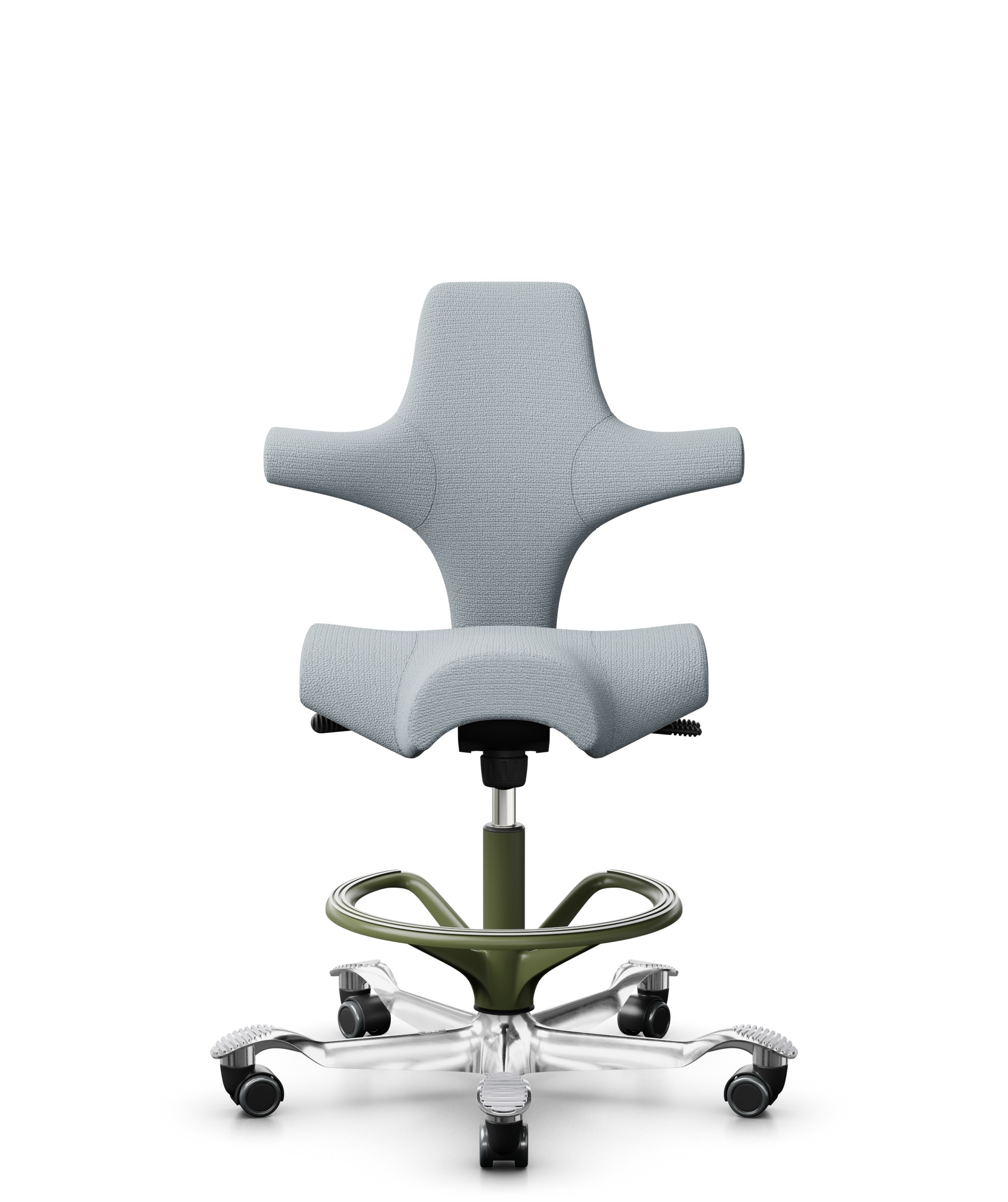 HÅG Capisco 8106 - Sirdal (GU) - Wol - SRD120 Light grey - Framekleur - Moss Grey - Gasveer - 265 mm (Zithoogte 53-79cm) - Vloercontact - Zachte wielen t.b.v. harde vloeren - Voetenring - Ja, in framekleur - Voetster - Ja, voetster in gepolijst aluminium - 1