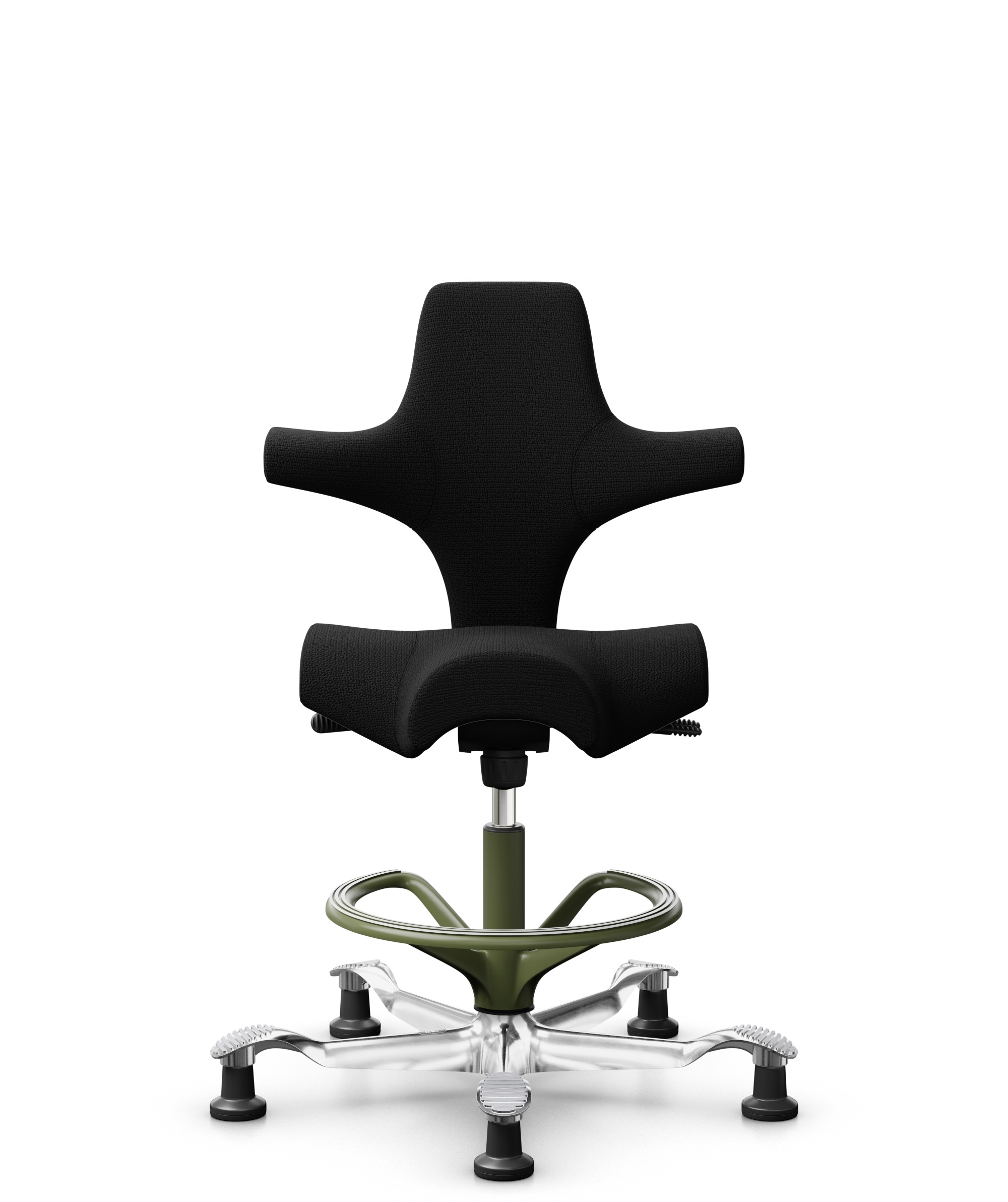 HÅG Capisco 8106 - Sirdal (GU) - Wol - SRD190 Black - Framekleur - Moss Grey - Gasveer - 200 mm (Zithoogte 46-64cm) - Vloercontact - Glijdoppen - Voetenring - Ja, in framekleur - Voetster - Ja, voetster in gepolijst aluminium - 1