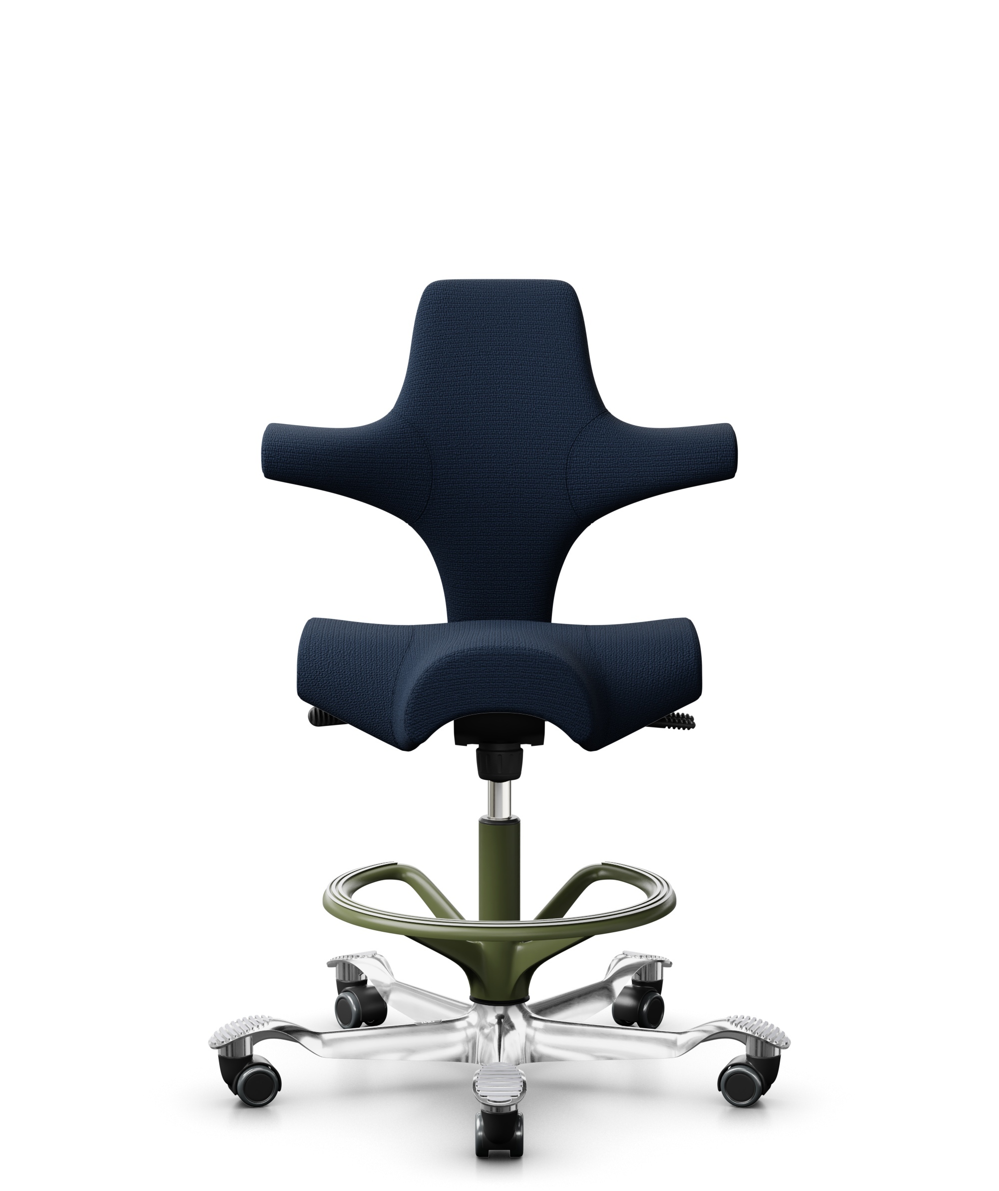 HÅG Capisco 8106 - Sirdal (GU) - Wol - SRD780 Dark blue - Framekleur - Moss Grey - Gasveer - 265 mm (Zithoogte 53-79cm) - Vloercontact - Zachte wielen t.b.v. harde vloeren - Voetenring - Ja, in framekleur - Voetster - Ja, voetster in gepolijst aluminium - 1
