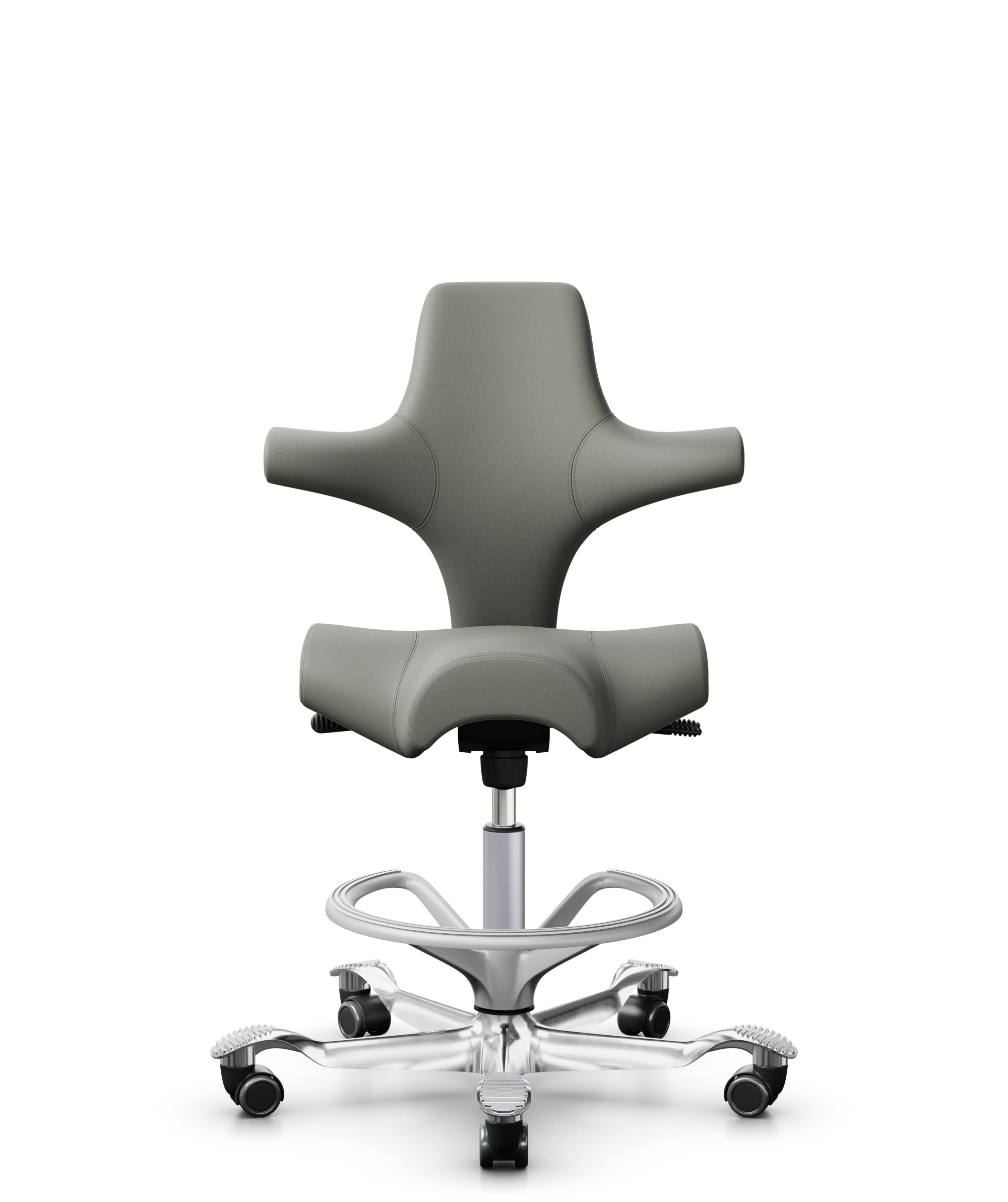 HÅG Capisco 8106 - Paloma Soft (Wollsdorf) - Semi-aniline Leder - PL55115 Warm grey - Framekleur - Zilver - Gasveer - 200 mm (Zithoogte 46-64cm) - Vloercontact - Zachte wielen t.b.v. harde vloeren - Voetenring - Ja, in framekleur - Voetster - Ja, voets... - 1