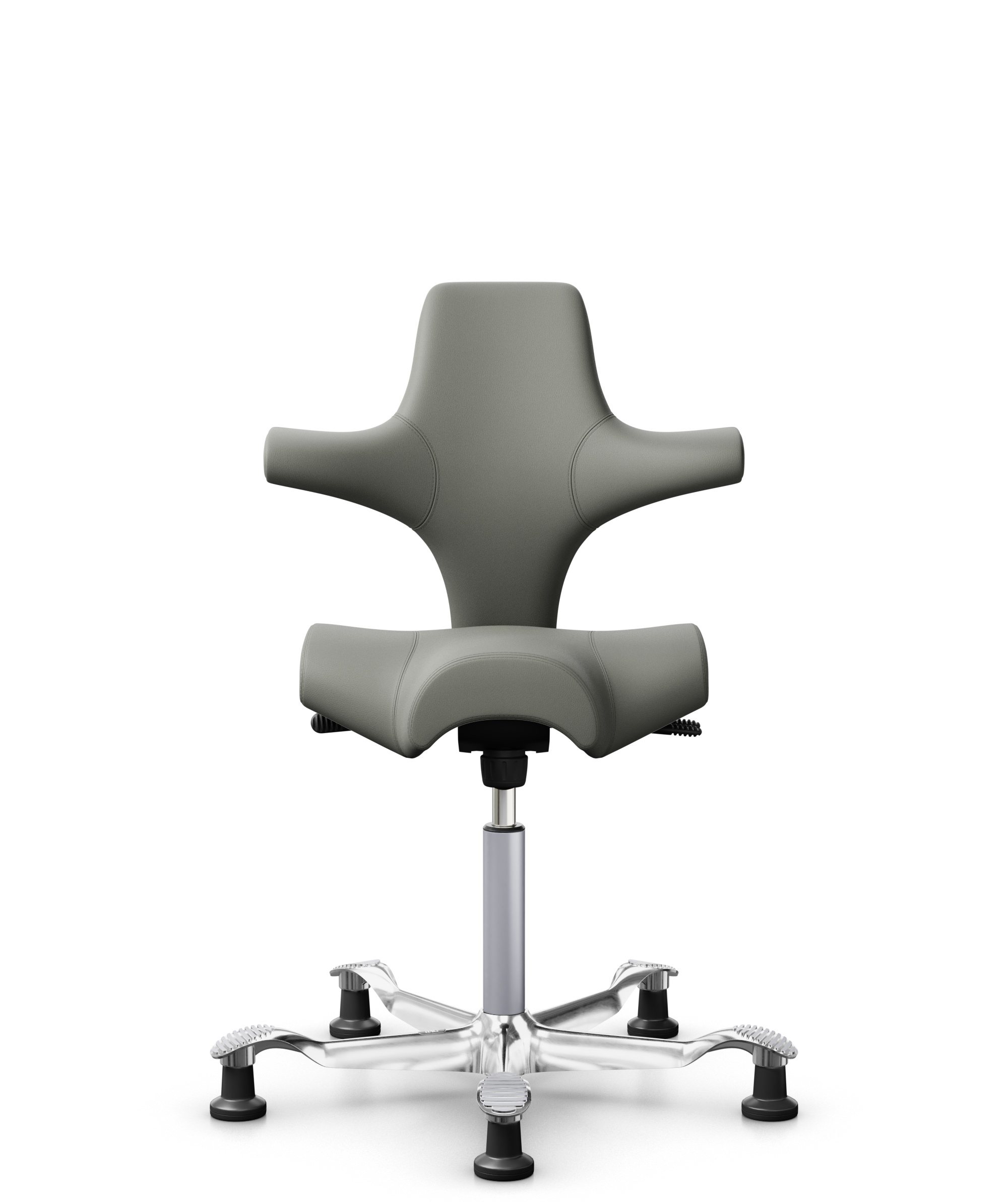 HÅG Capisco 8106 - Paloma Soft (Wollsdorf) - Semi-aniline Leder - PL55115 Warm grey - Framekleur - Zilver - Gasveer - 200 mm (Zithoogte 46-64cm) - Vloercontact - Glijdoppen - Voetenring - Nee, geen voetenring - Voetster - Ja, voetster in gepolijst alum... - 1