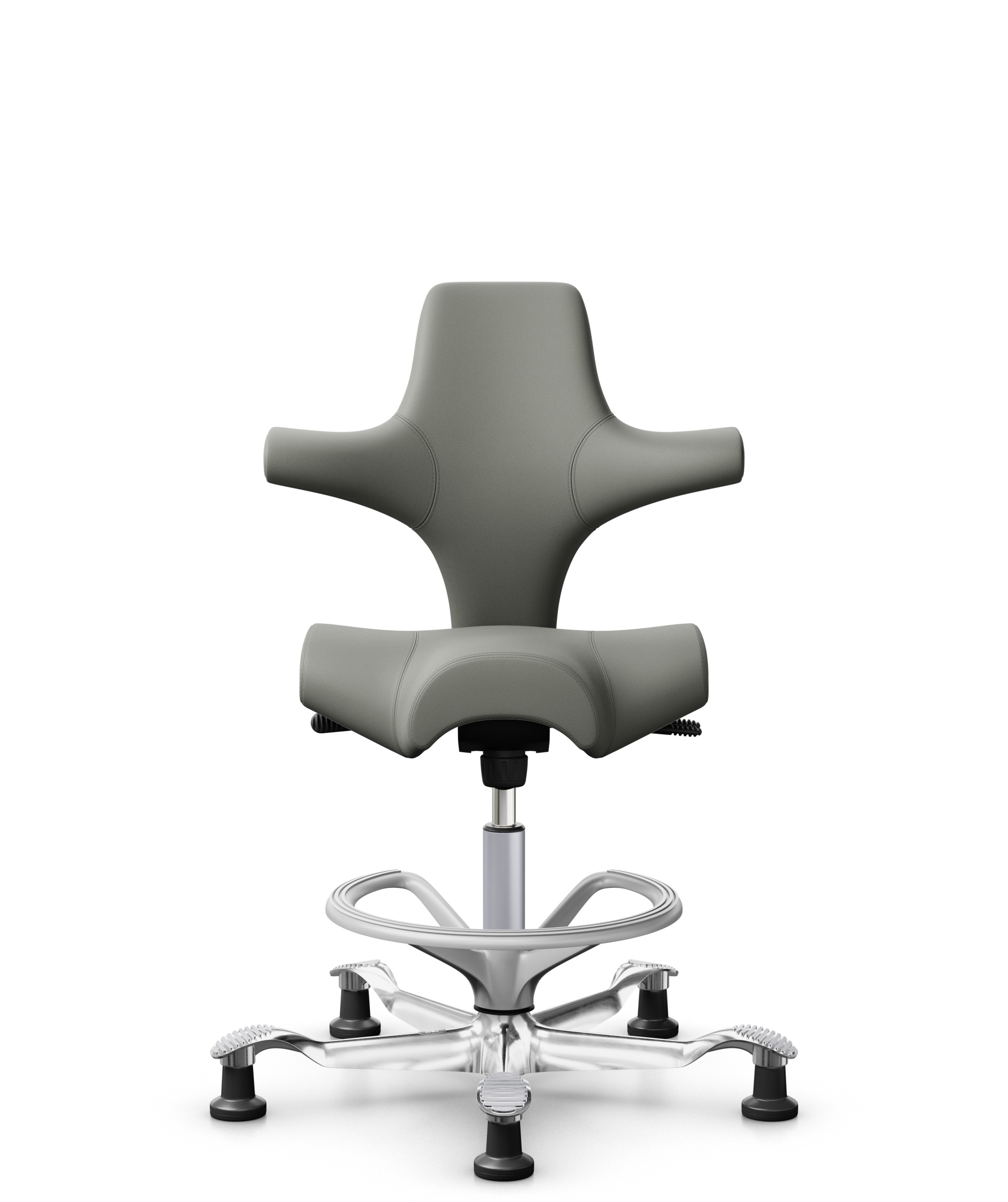 HÅG Capisco 8106 - Paloma Soft (Wollsdorf) - Semi-aniline Leder - PL55115 Warm grey - Framekleur - Zilver - Gasveer - 265 mm (Zithoogte 53-79cm) - Vloercontact - Glijdoppen - Voetenring - Ja, in framekleur - Voetster - Ja, voetster in gepolijst aluminium - 1